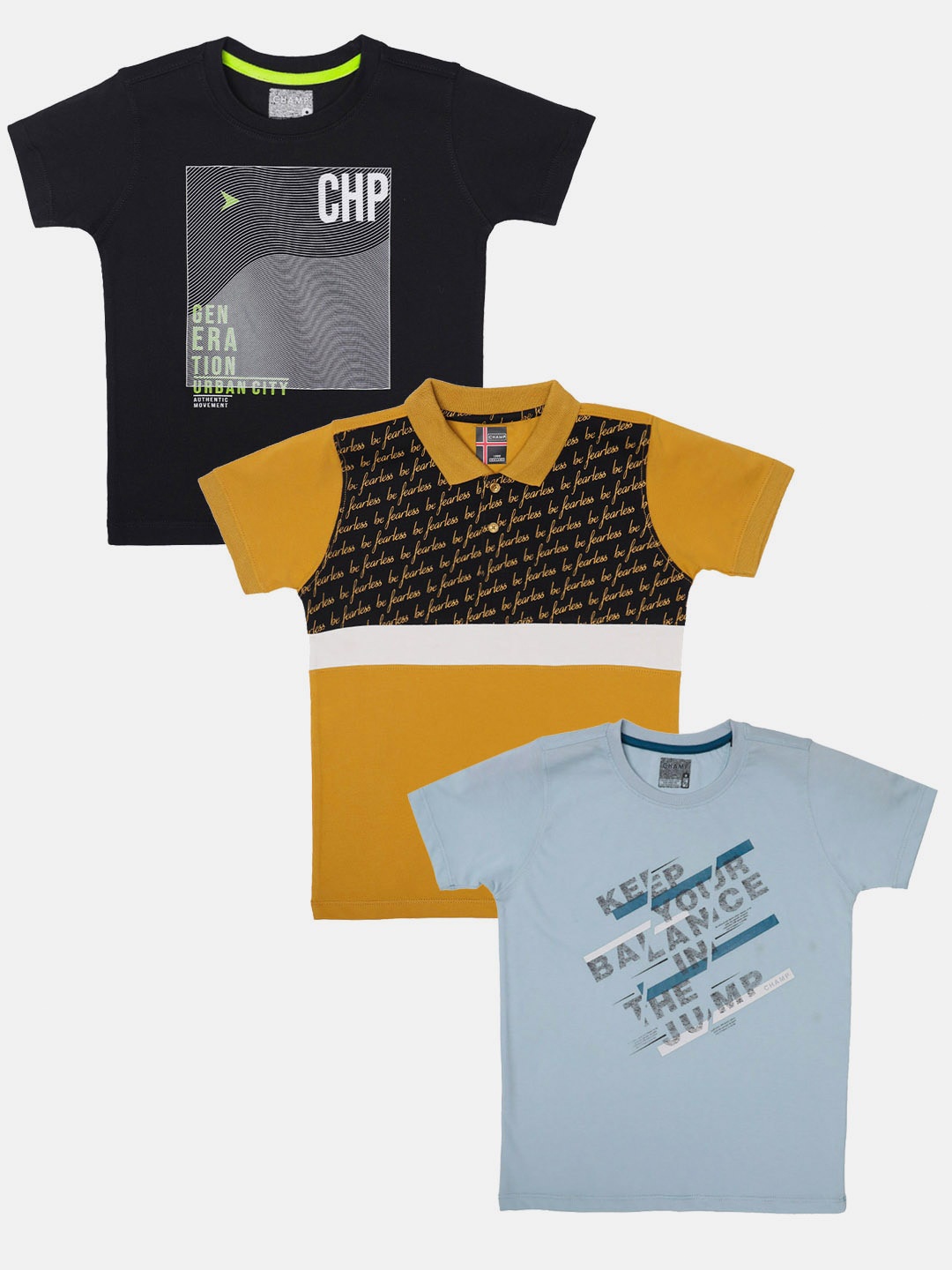 

AXM CHAMP Boys Pack Of 3 Printed Cotton T-Shirts, Black