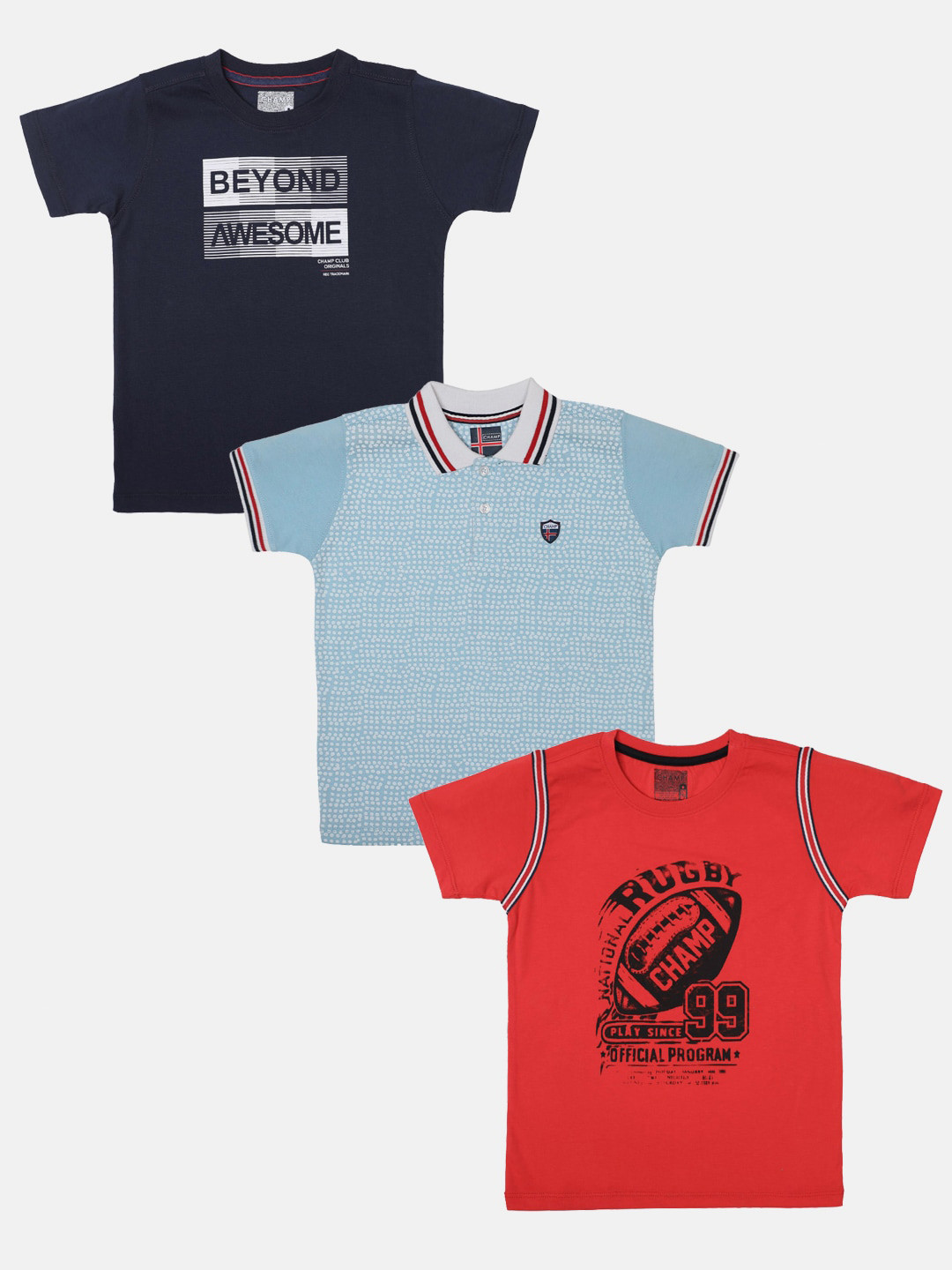 

AXM CHAMP Boys Pack Of 3 Printed Cotton T-Shirts, Navy blue