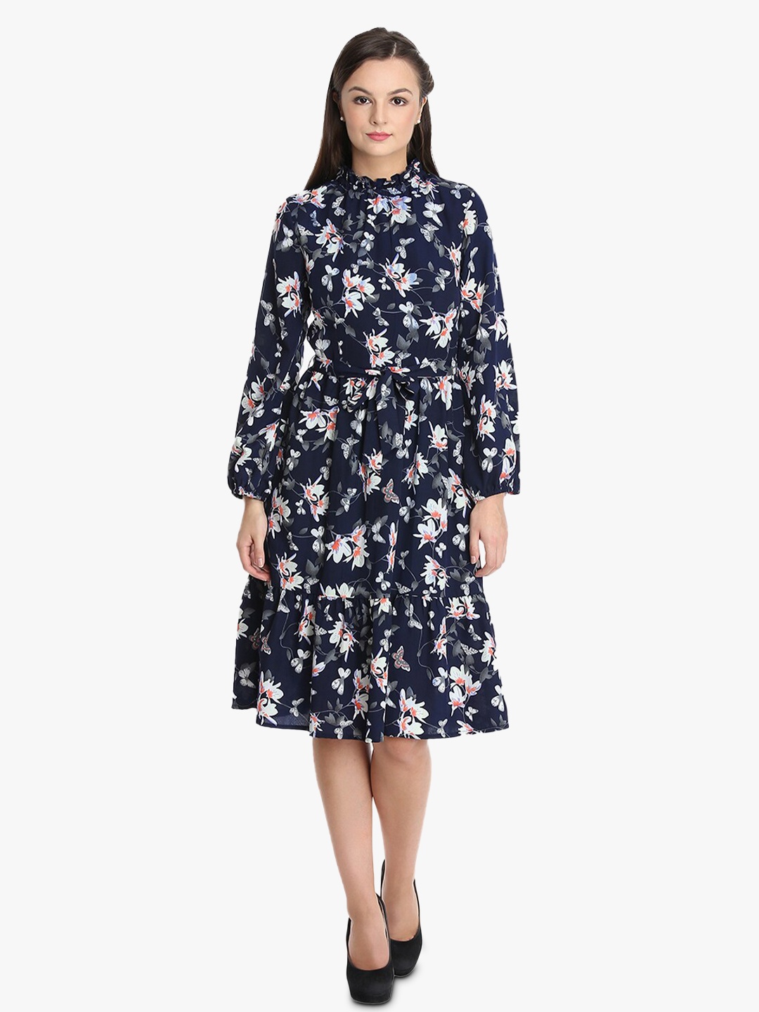 

DODO & MOA Floral Printed High Neck A-Line Midi Dress, Navy blue