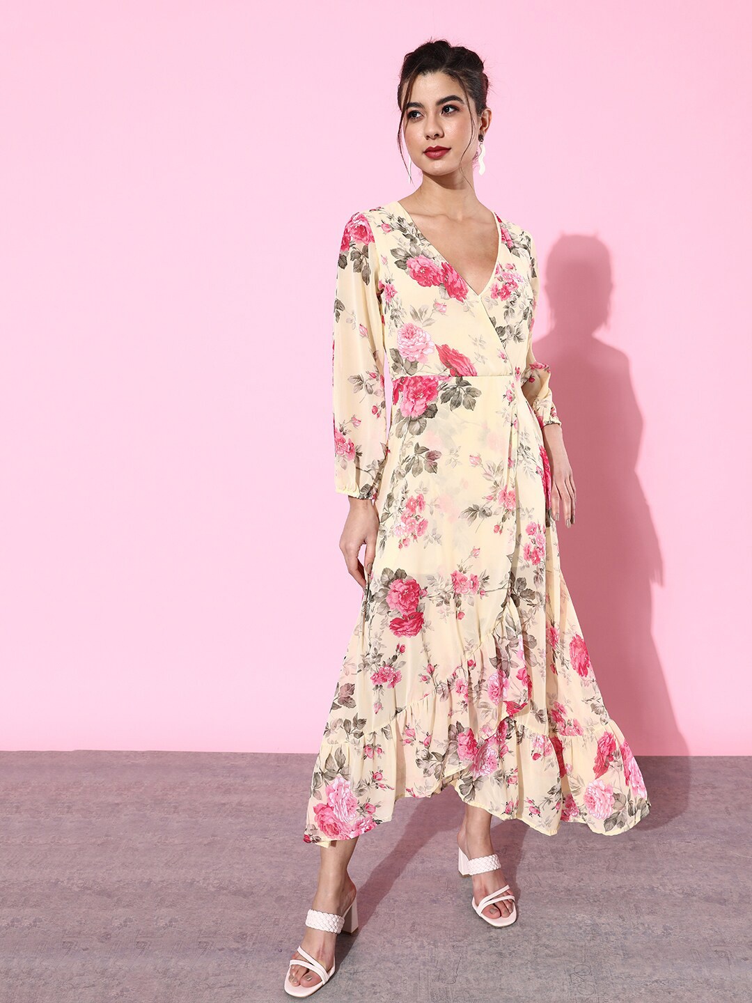 

DODO & MOA Floral Printed Ruffles Wrap Maxi Dress, Yellow