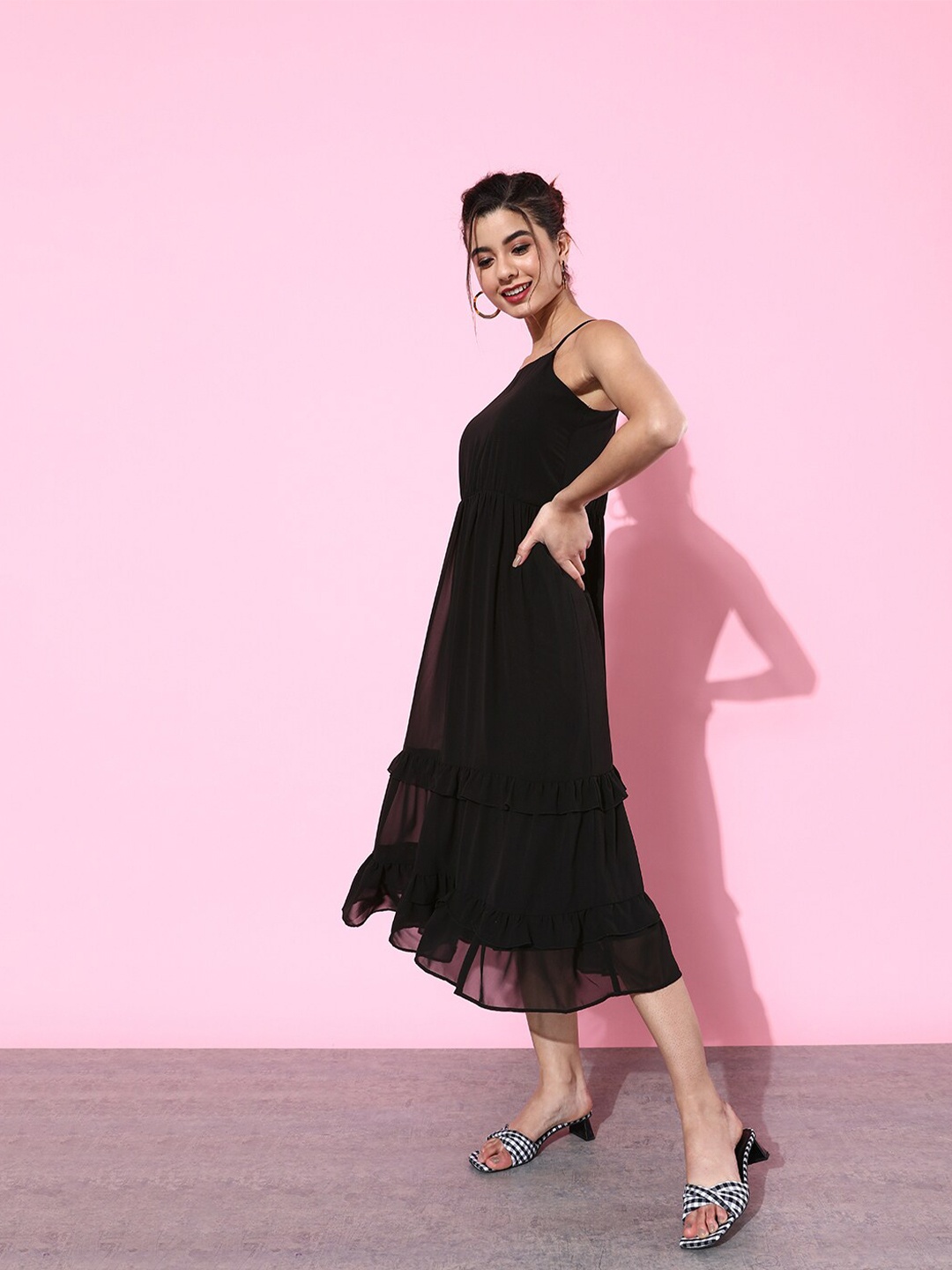 

DODO & MOA Shoulder Strap Tiered Fit & Flare Midi Dress, Black