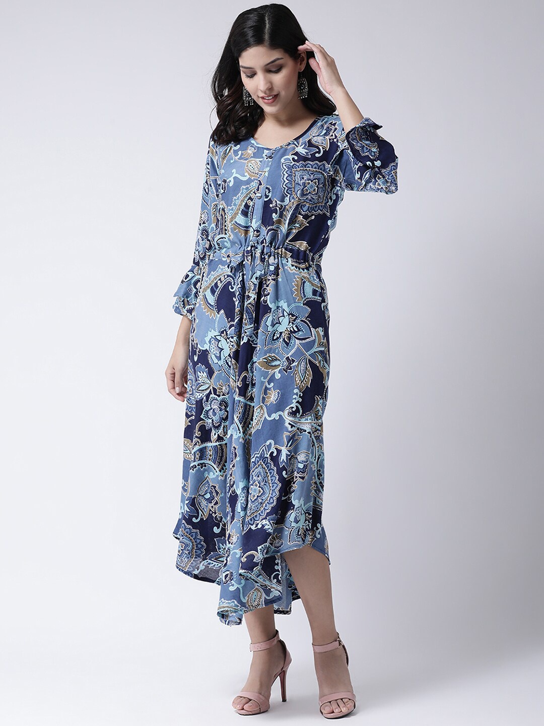 

Charitra Round Neck Floral Printed Cotton Midi Fit & Flare Dress, Blue