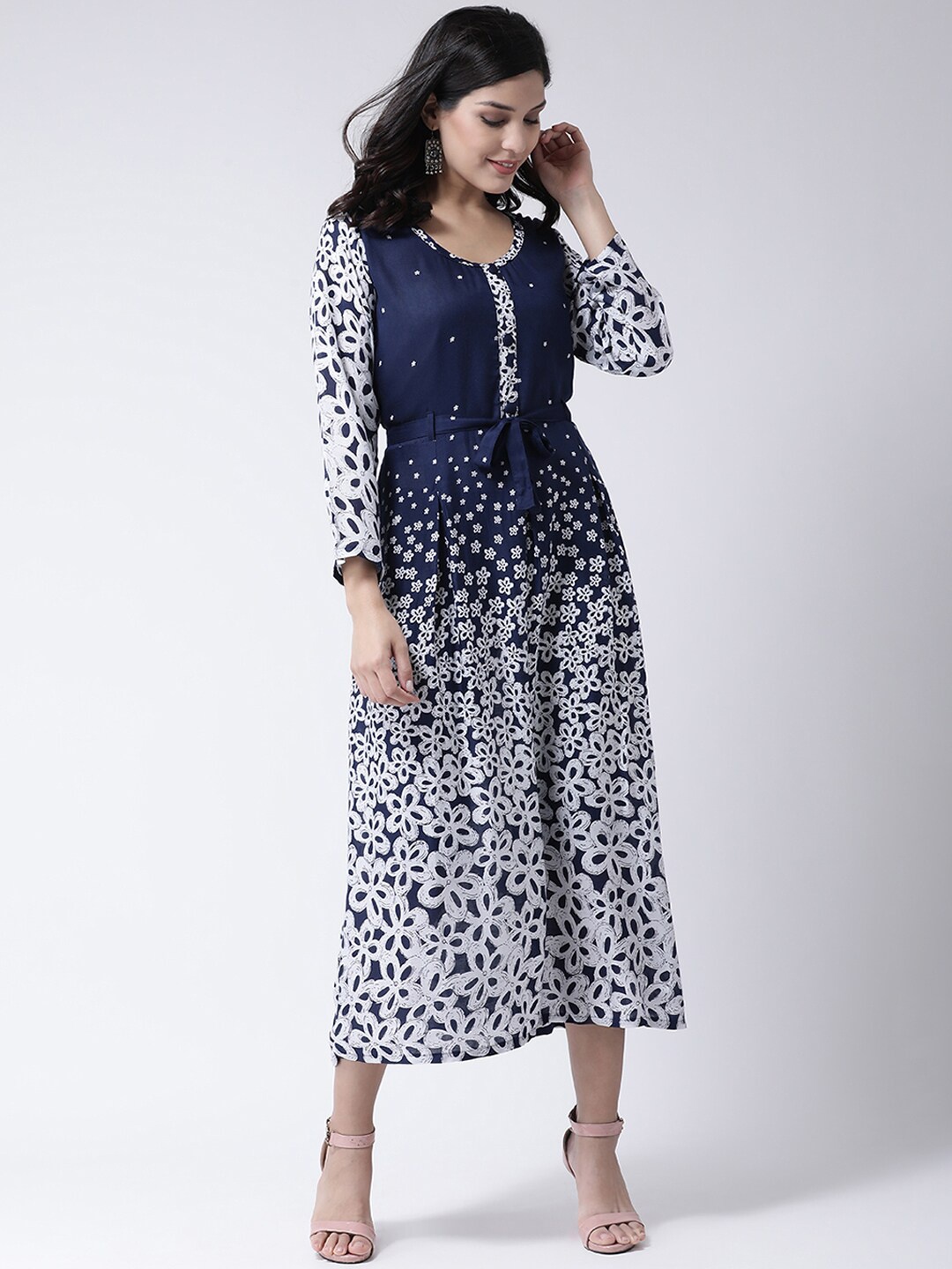 

Charitra Floral Printed Belted Fit & Flare Midi Dress, Navy blue