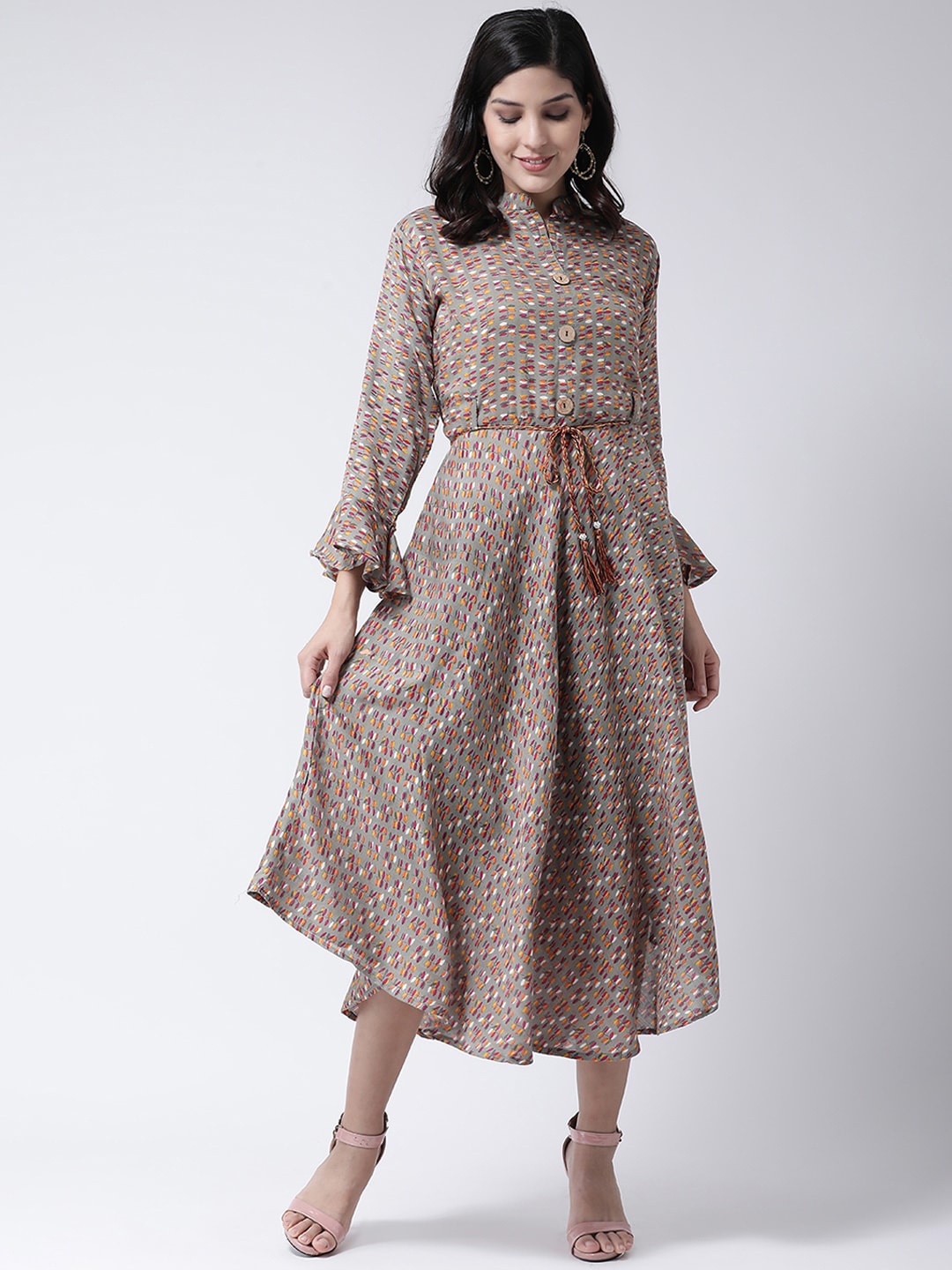 

Charitra Mandarin Collar Floral Printed Fit & Flare Midi Dress, Grey