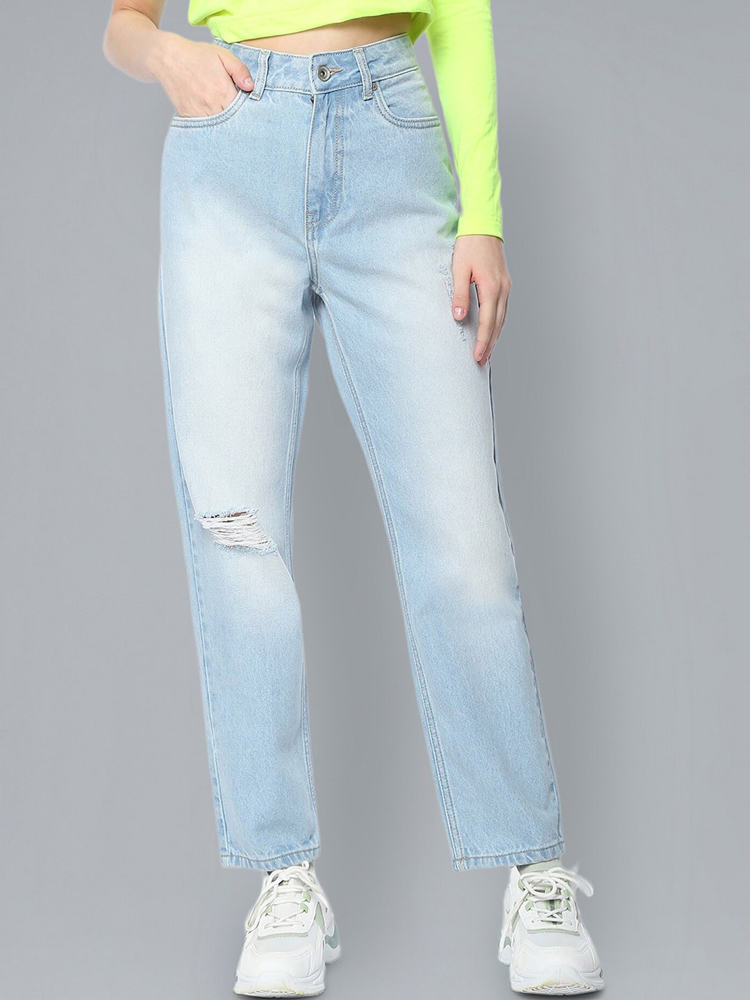 

Flying Machine Women Straight Fit High-Rise Mildly Distressed Heavy Fade Cotton Jeans, Blue