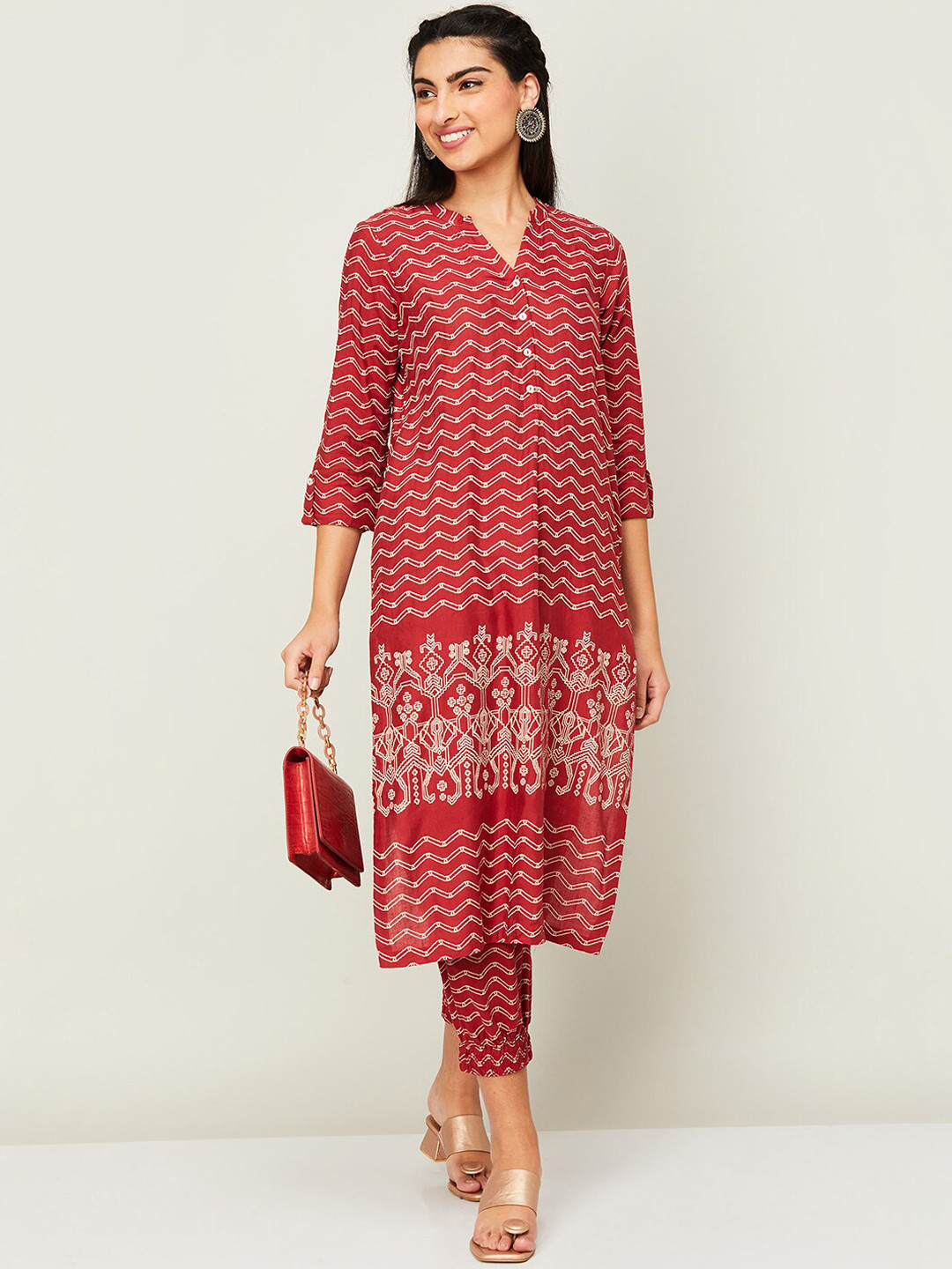 

Melange by Lifestyle Ethnic Motif Printed Band Collar Straight Kurta With Salwar, Red