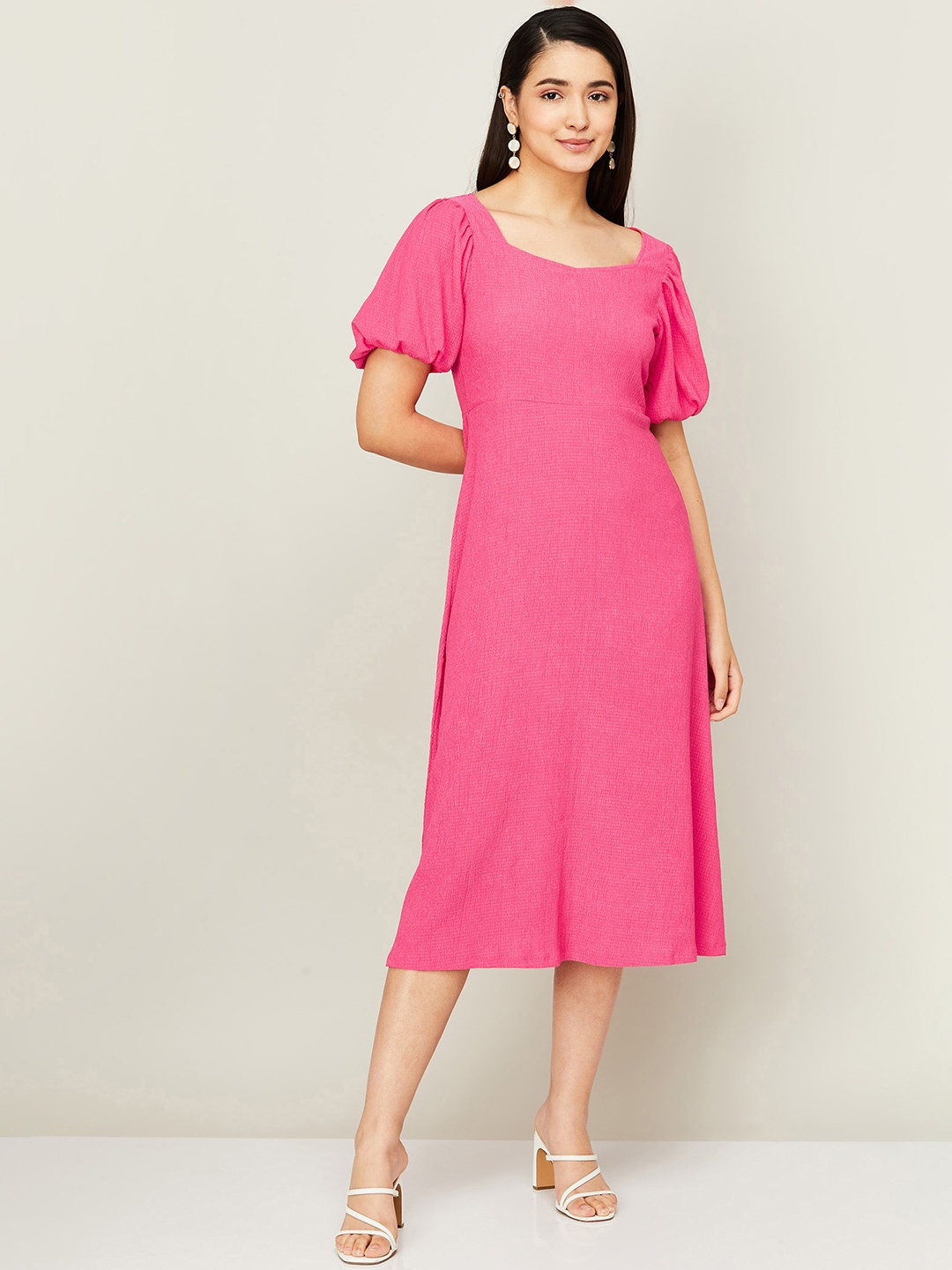 

CODE by Lifestyle Puff Sleeves A-Line Midi Dress, Pink