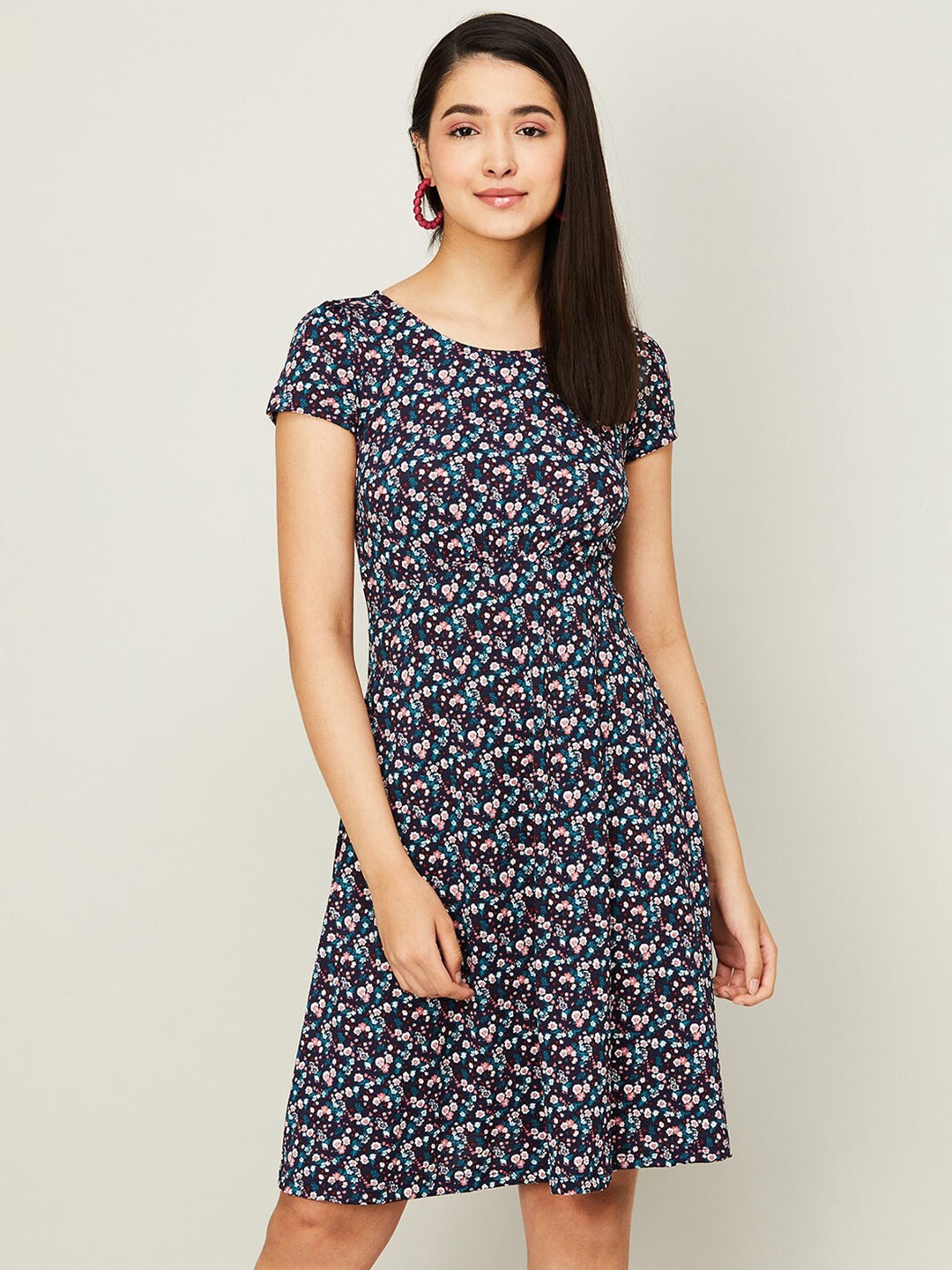 

CODE by Lifestyle Round Neck Floral Printed A-Line Dress, Navy blue