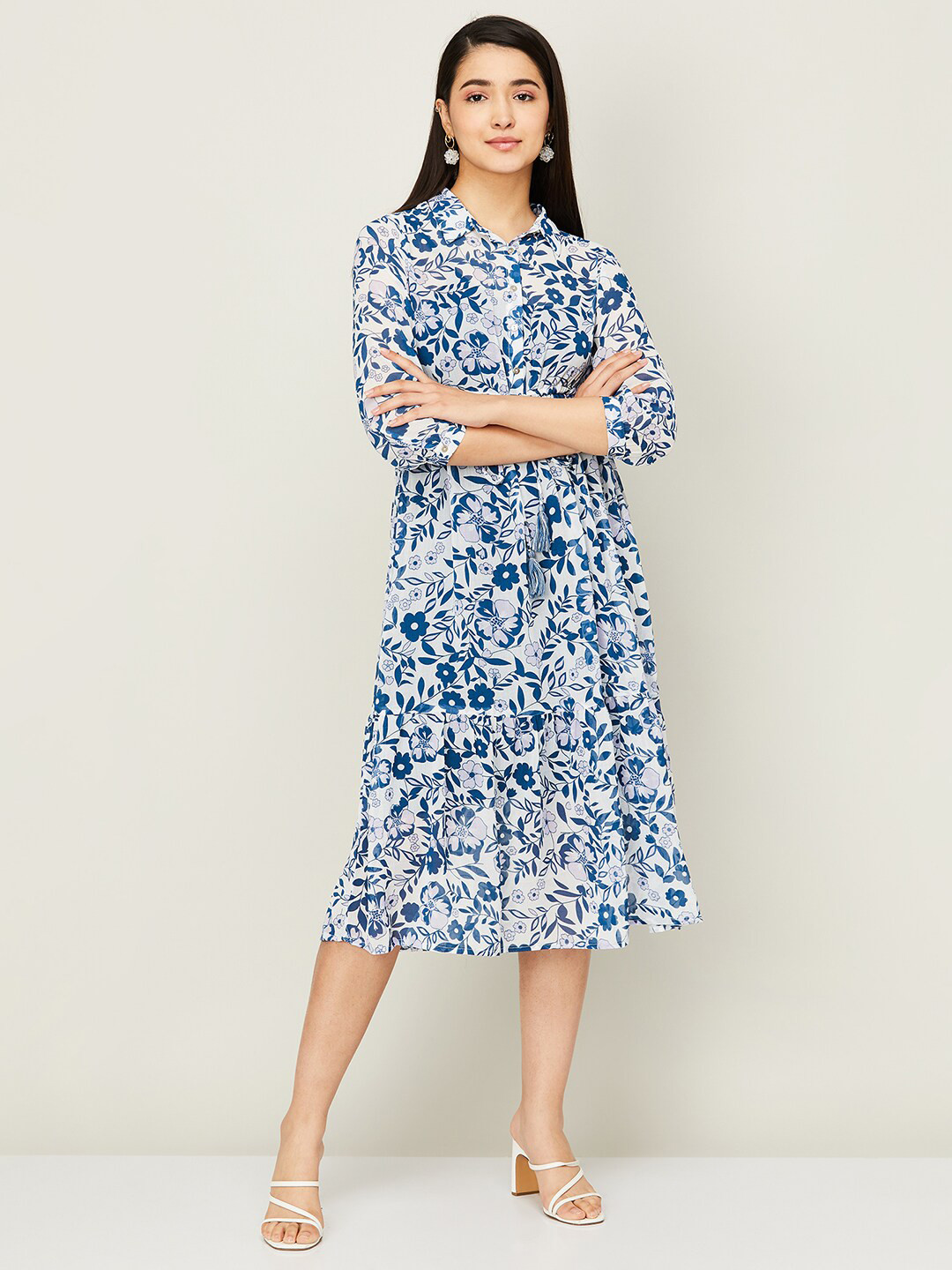 

Fame Forever by Lifestyle Floral Printed Shirt Midi Dress, Blue
