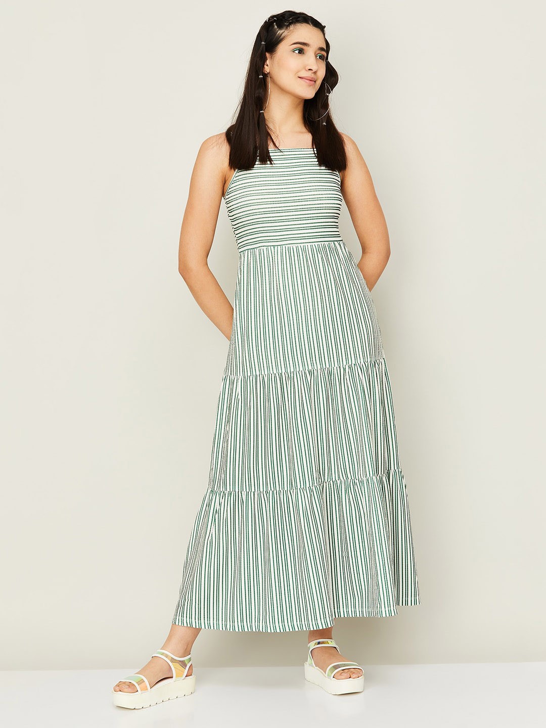 

Ginger by Lifestyle Shoulder Straps Striped Maxi Dress, Green