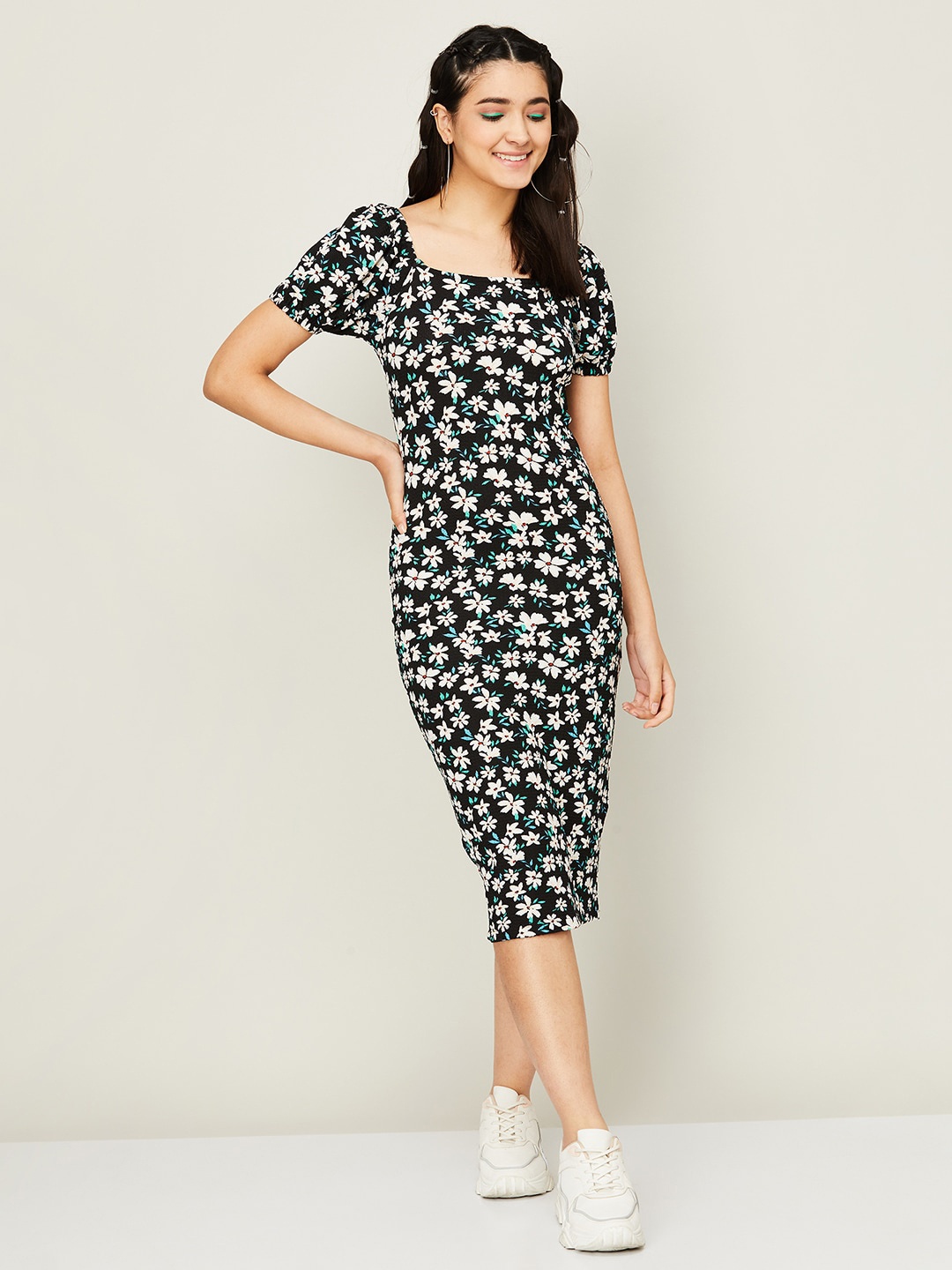

Ginger by Lifestyle Floral Printed Sheath Midi Dress, Black