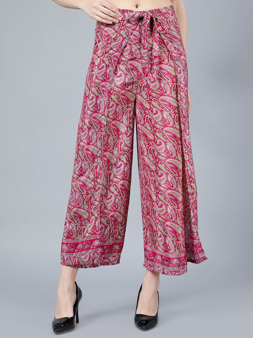 

Aditi Wasan Women Floral Printed Mid-Rise Flared Easy Wash Tie Warp Parallel Trousers, Maroon