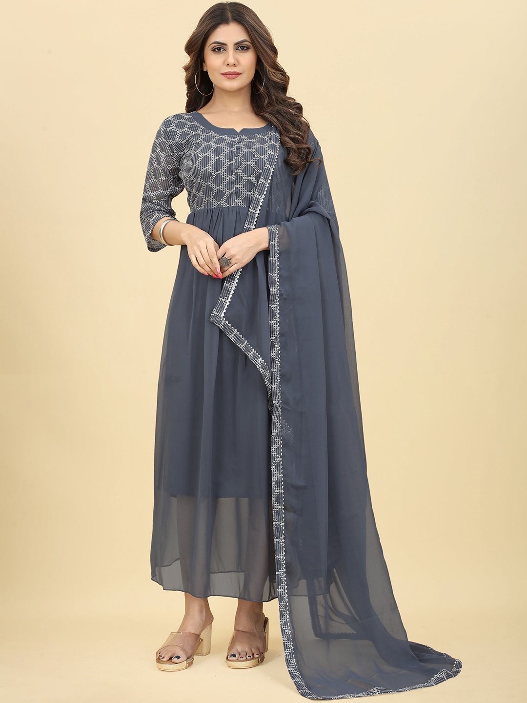 

KALINI Geometric Printed Notched Neck Fit and Flare Ethnic Dress With Dupatta, Grey