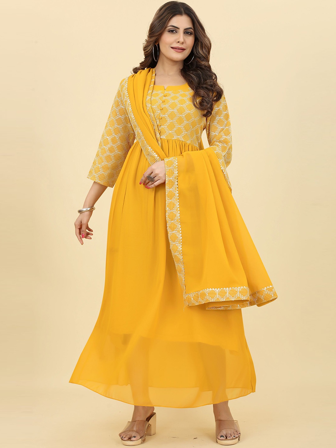 

KALINI Geometric Printed Notched Neck Fit and Flare Ethnic Dress With Dupatta, Yellow