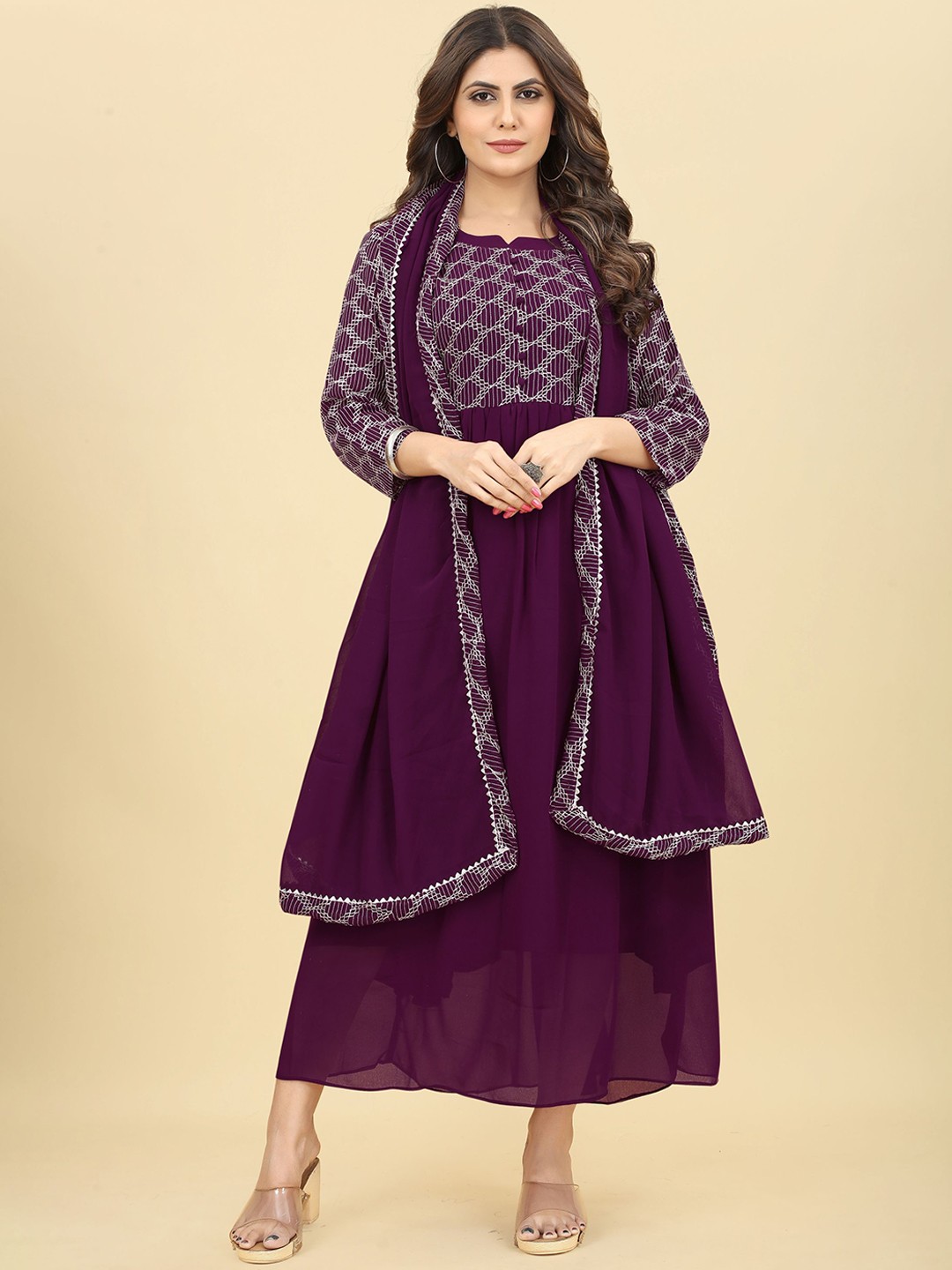 

KALINI Embroidered Ethnic Dress With Dupatta, Purple