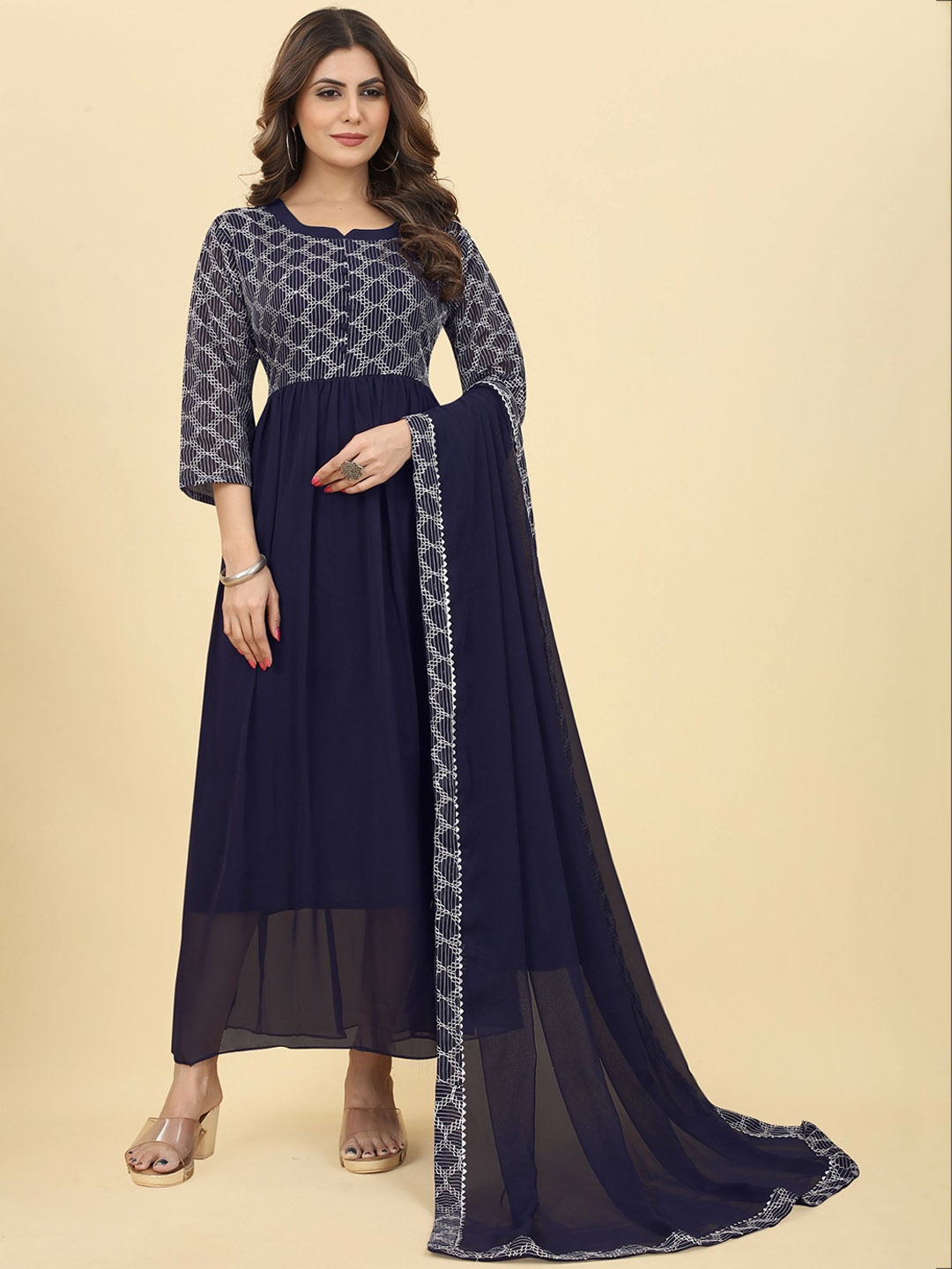

KALINI Ethnic Embroidered Fit & Flare Maxi Ethnic Dress with Dupatta, Navy blue