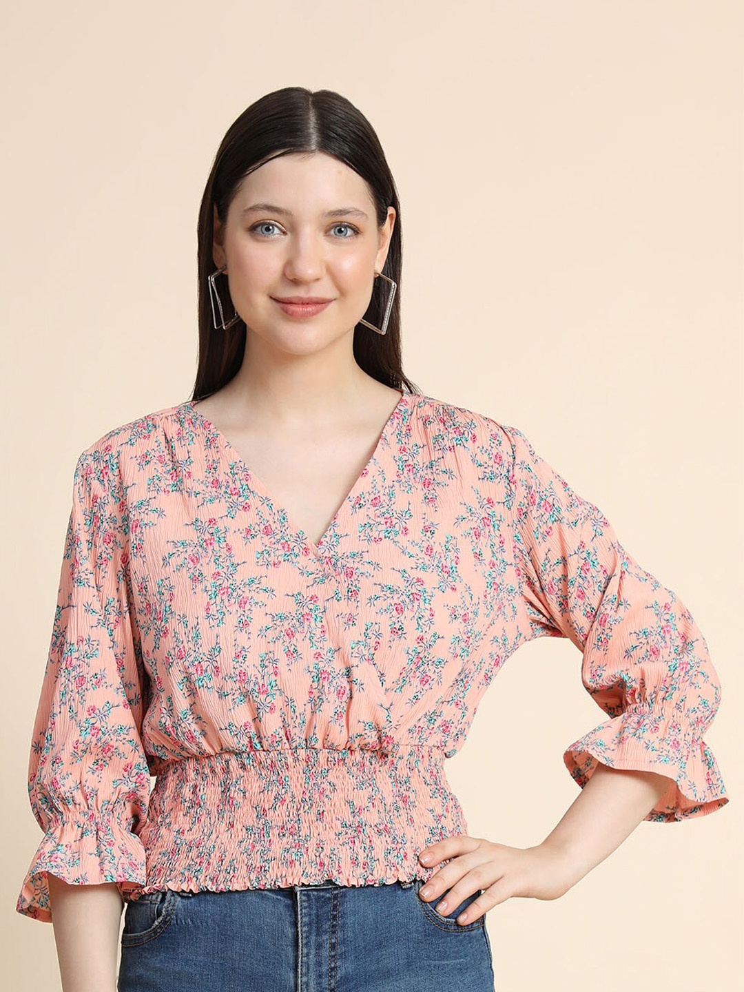 

KERI PERRY Floral Printed Cinched Waist Top, Peach