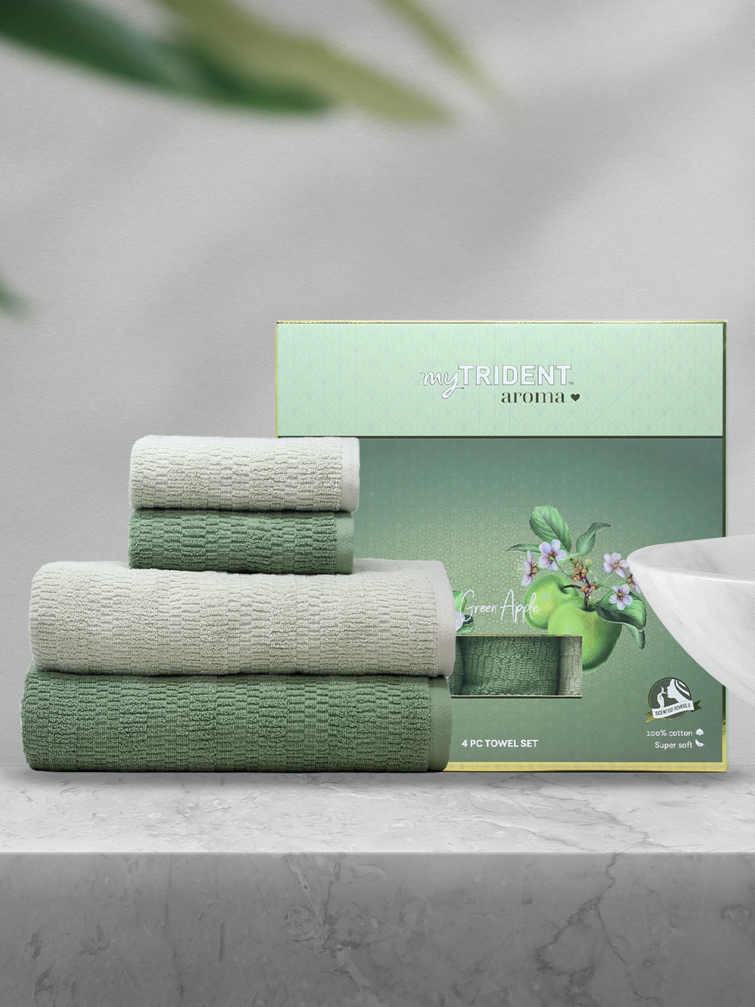 

MYTRIDENT Aroma Green 4 Pieces 500 GSM Pure Cotton Towel Set