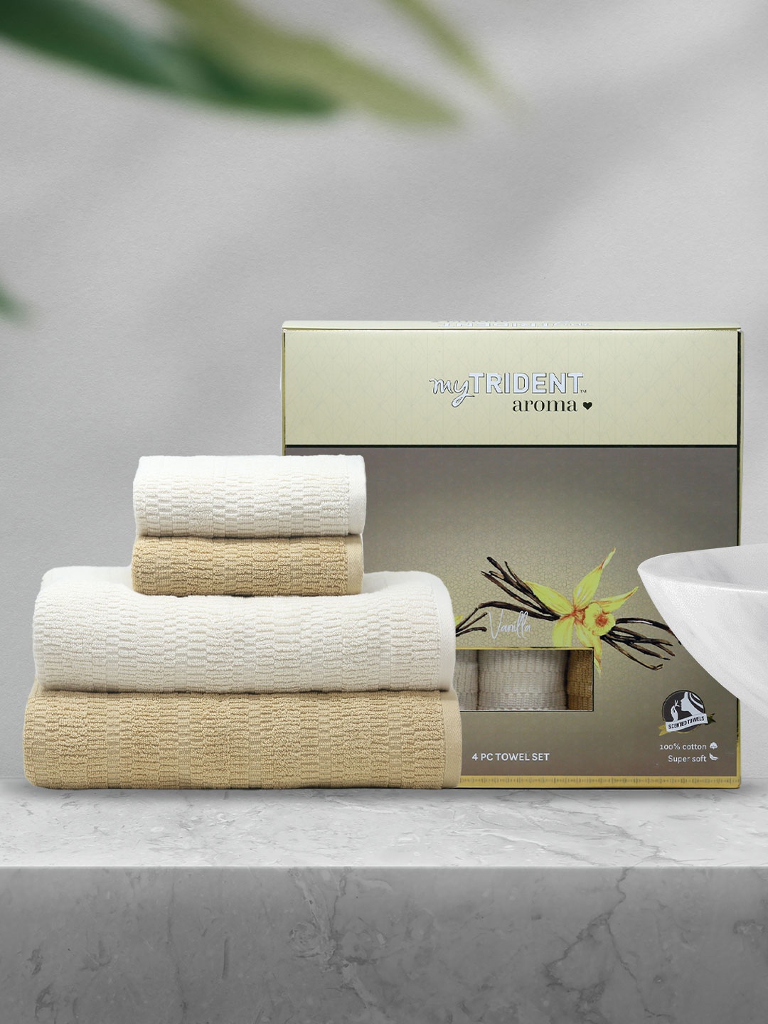 

MYTRIDENT Beige White 4 Pieces 500 GSM Pure Cotton Towel Set