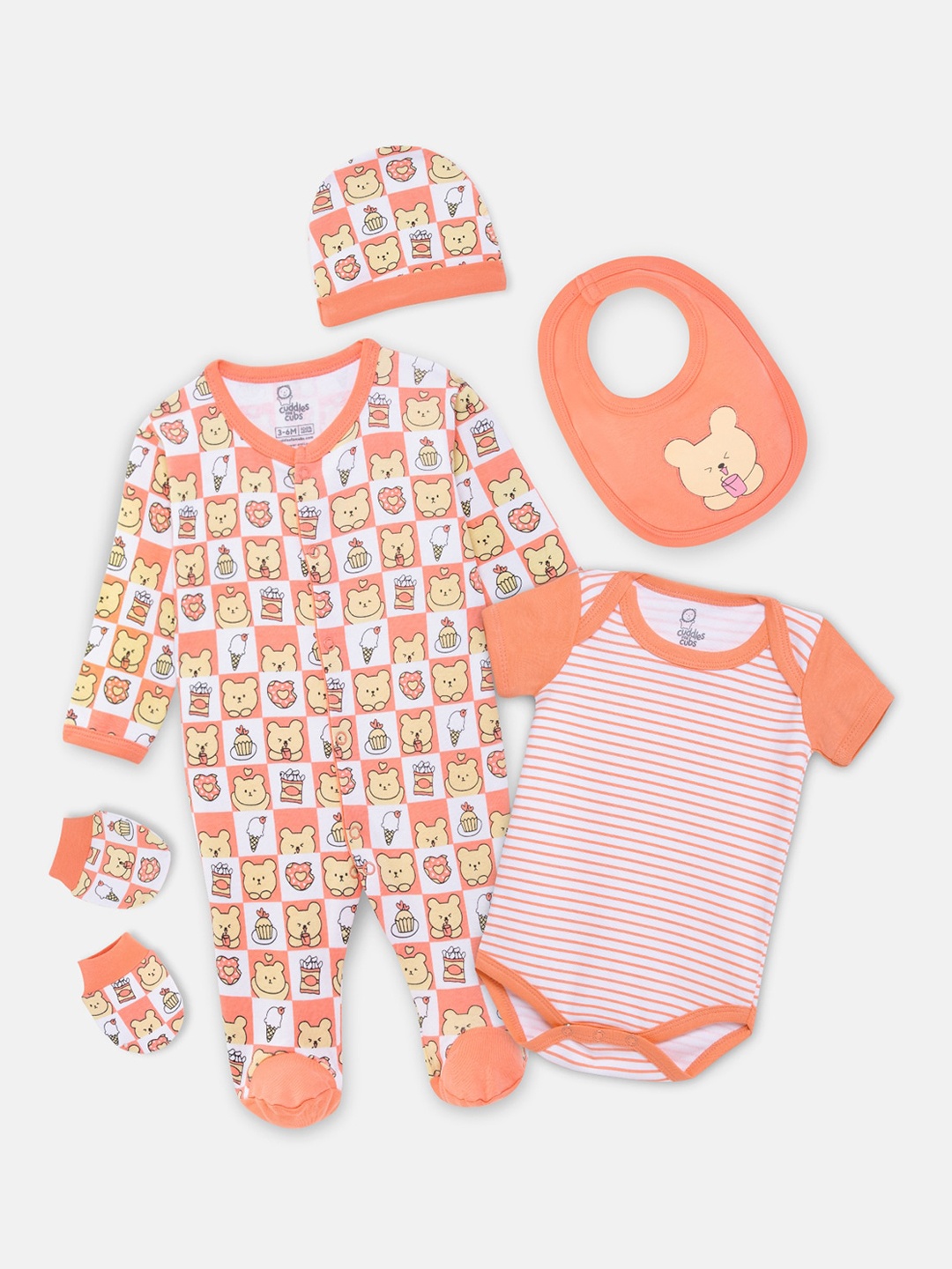

Cuddles for Cubs Infants Pack of 5 Printed Pure Cotton Baby Apparel Gift Set, Peach