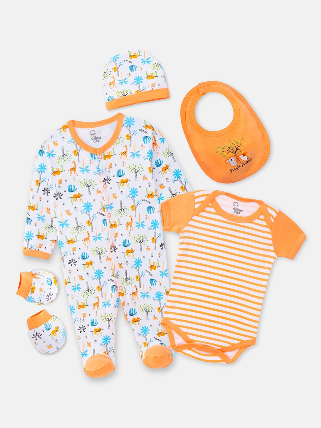 

Cuddles for Cubs Infants Pack of 5 Printed Cotton Baby Apparel Gift Set, Orange