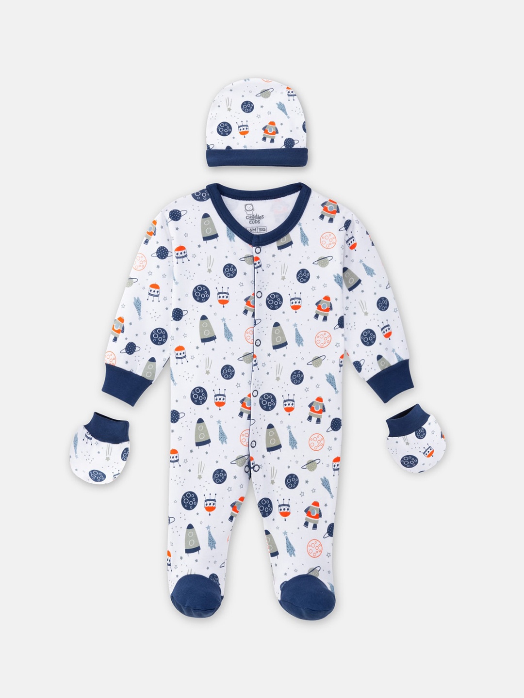 

Cuddles for Cubs Infant Pack of 3 Printed Pure Cotton Baby Apparel Gift Set, Blue