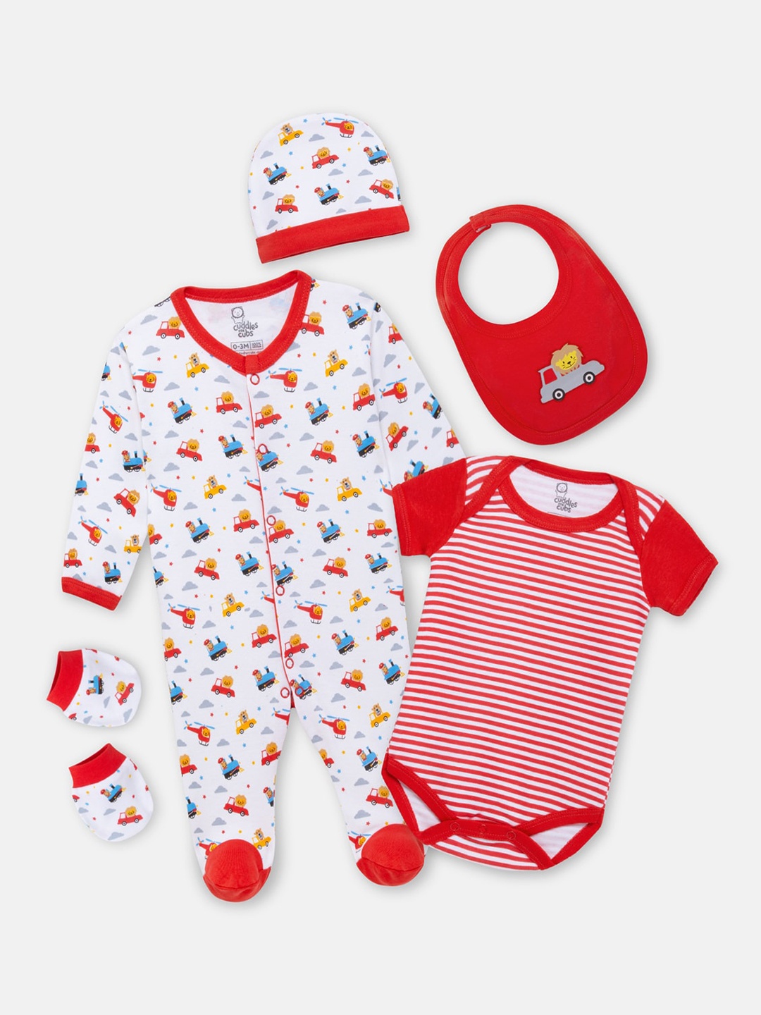 

Cuddles for Cubs Infant Pack of 5 Printed Pure Cotton Baby Apparel Gift Set, Red