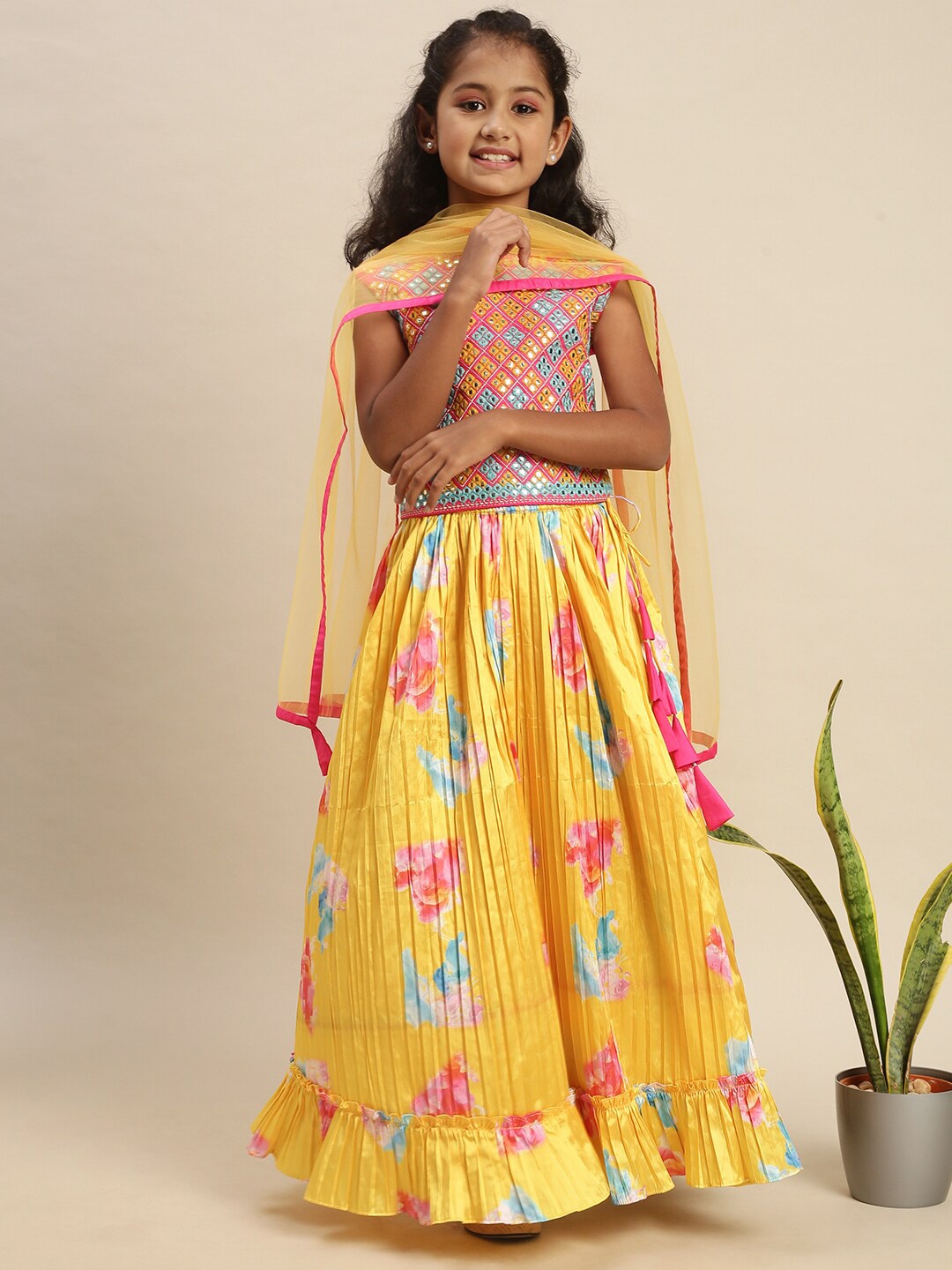 

PIPIN Girls Printed Mirror Work Ready to Wear Lehenga & Blouse With Dupatta, Yellow