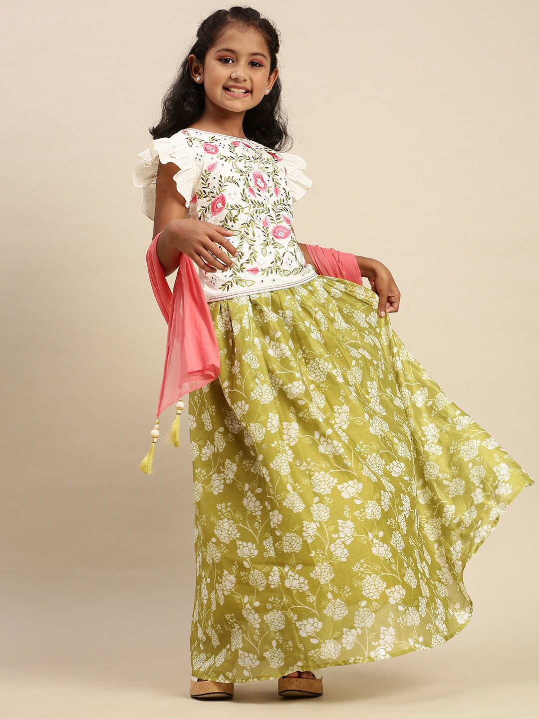 

PIPIN Girls Embroidered Flutter Sleeves Ready to Wear Lehenga & Blouse With Dupatta, Olive