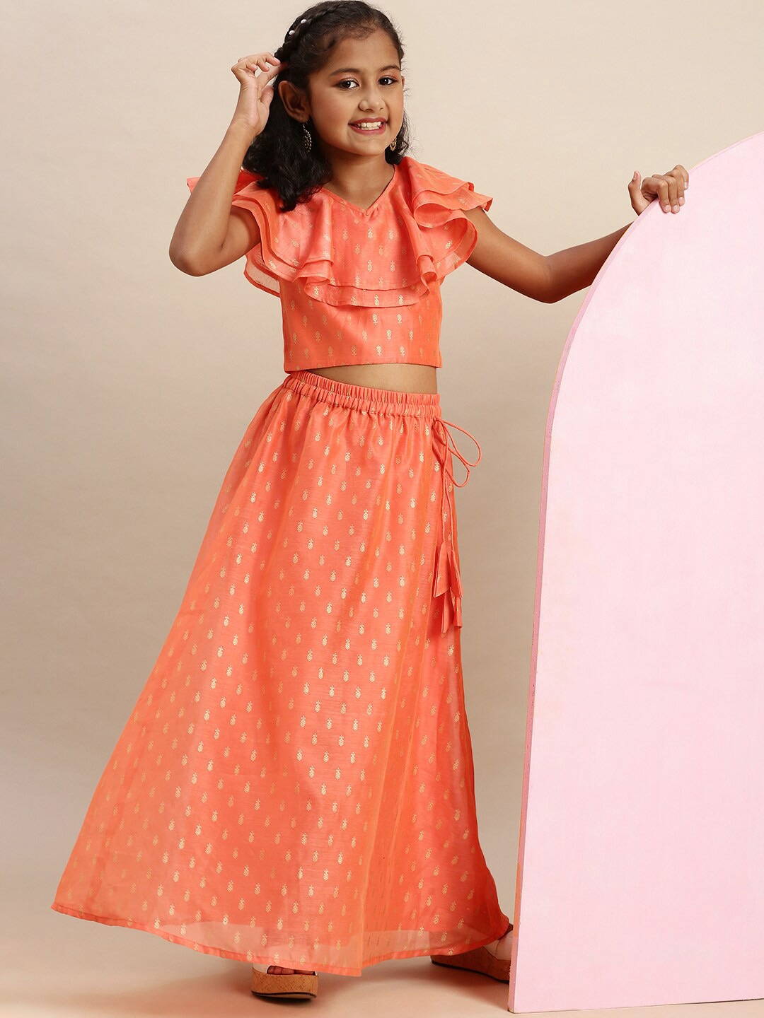 

PIPIN Girls Woven Design Ready to Wear Lehenga Choli, Coral