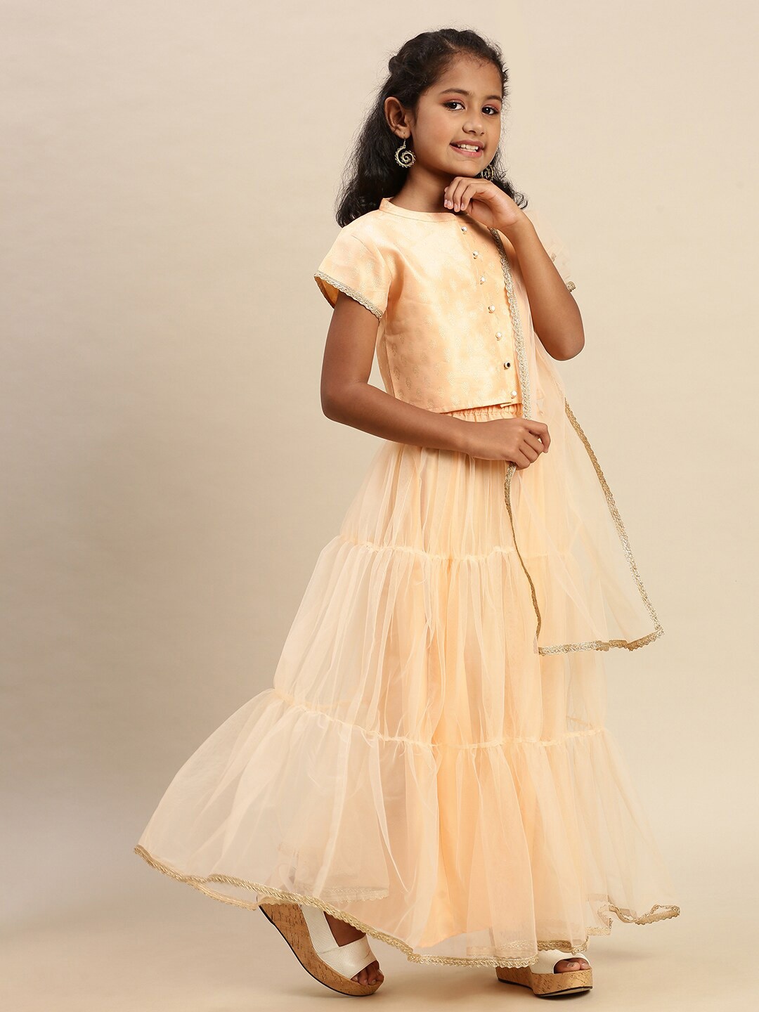 

PIPIN Girls Woven Design Ready to Wear Lehenga Choli With Dupatta, Peach