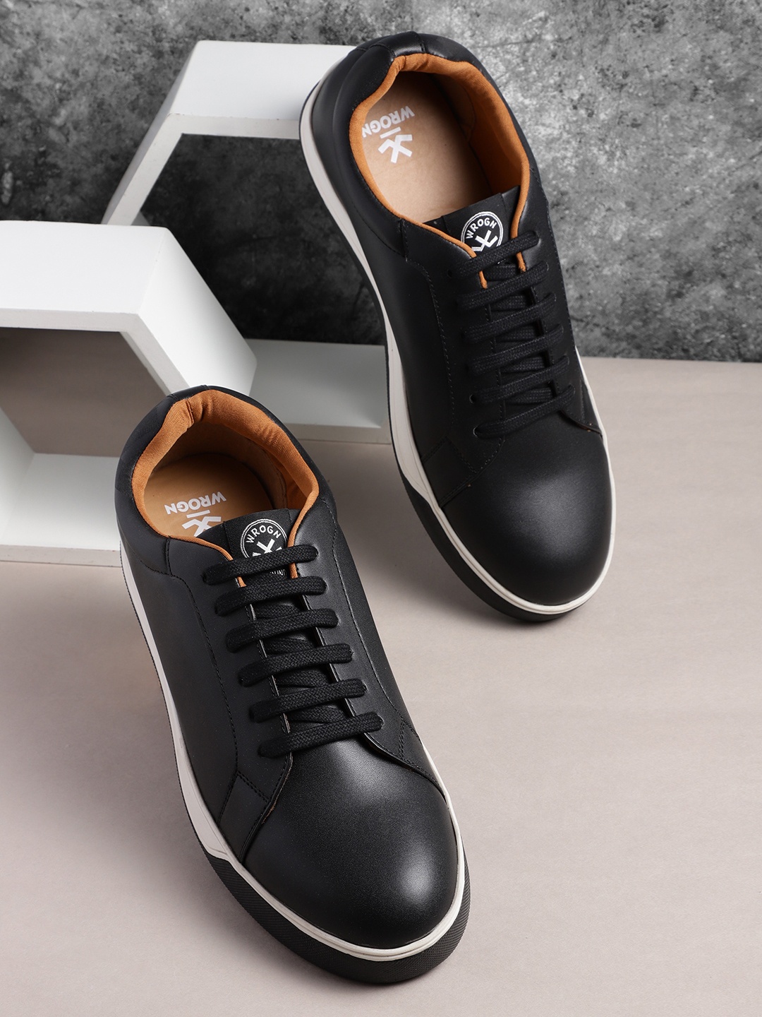 WROGN Men Solid Regular Sneakers With Minimal Brand Logo Print Detail, Black