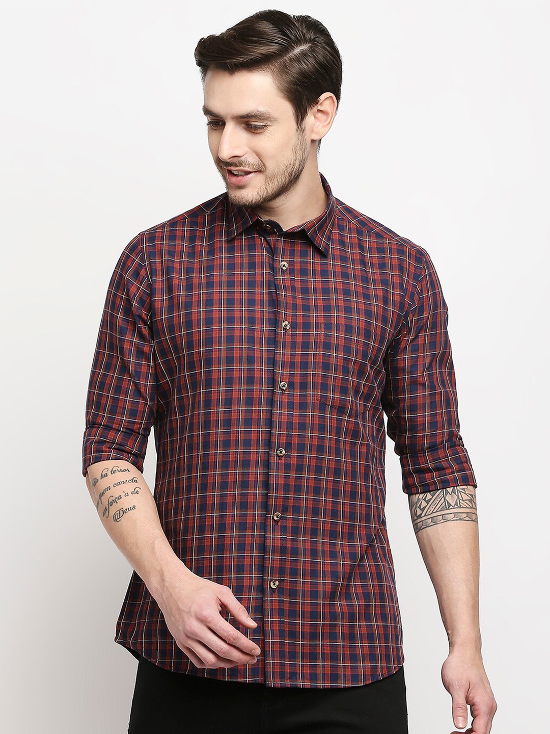 

EVOQ Tartan Checks Cotton Casual Shirt, Red