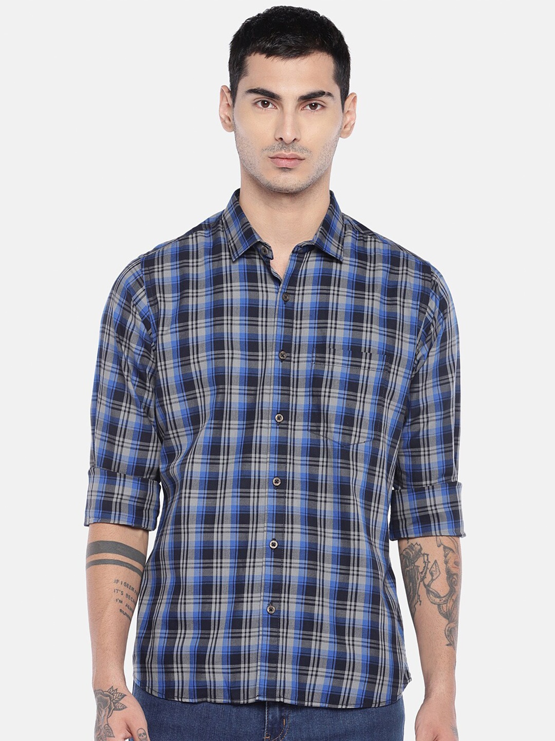 

EVOQ Men Tartan Checked Casual Cotton Shirt, Blue