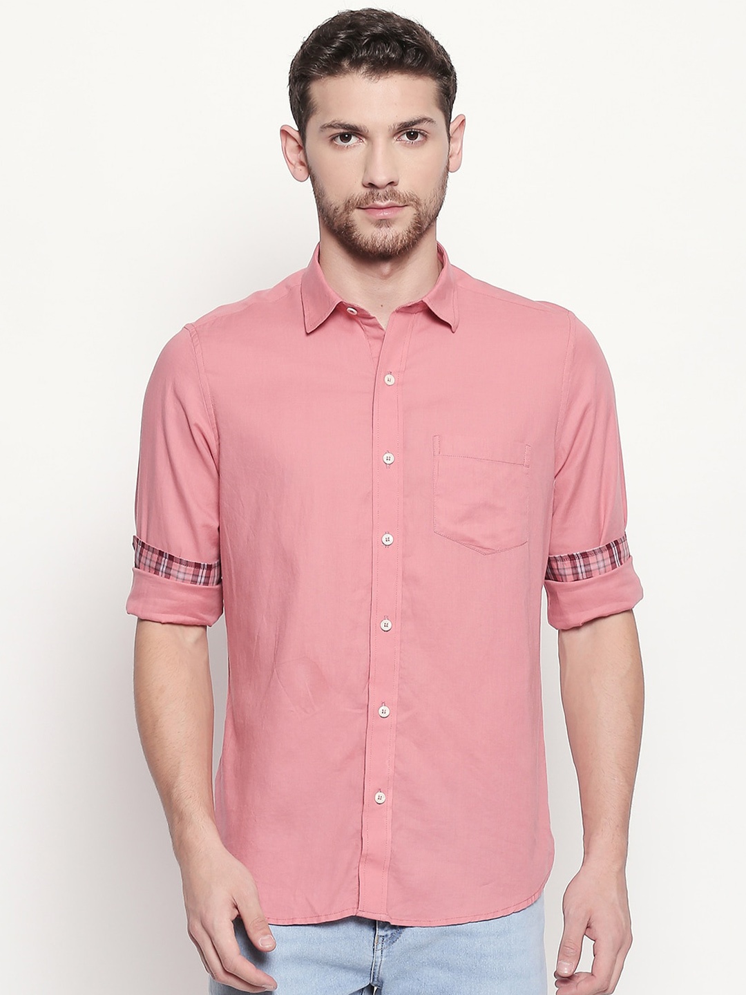 

EVOQ Spread Collar Cotton Casual Shirt, Pink