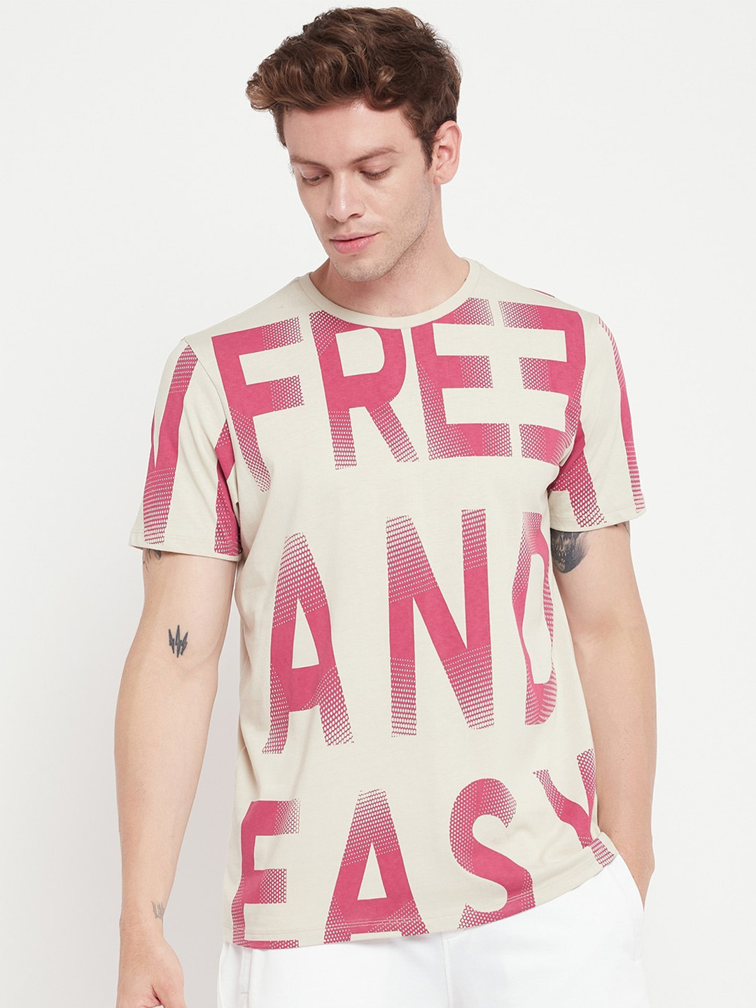 

EDRIO Typography Printed Round Neck Everfresh Cotton T-shirt, Cream