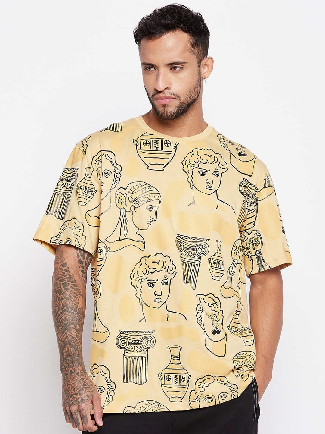 

EDRIO Graphic Printed Cotton T-Shirt, Beige