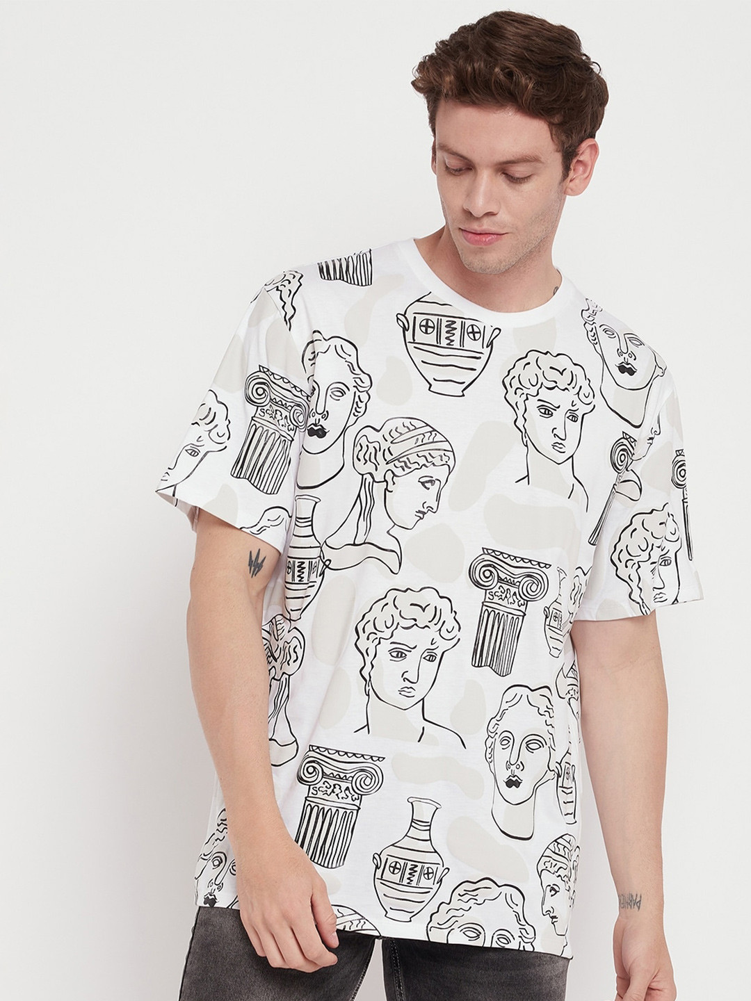 

EDRIO Roman Faces Printed Cotton Everfresh T-shirt, White