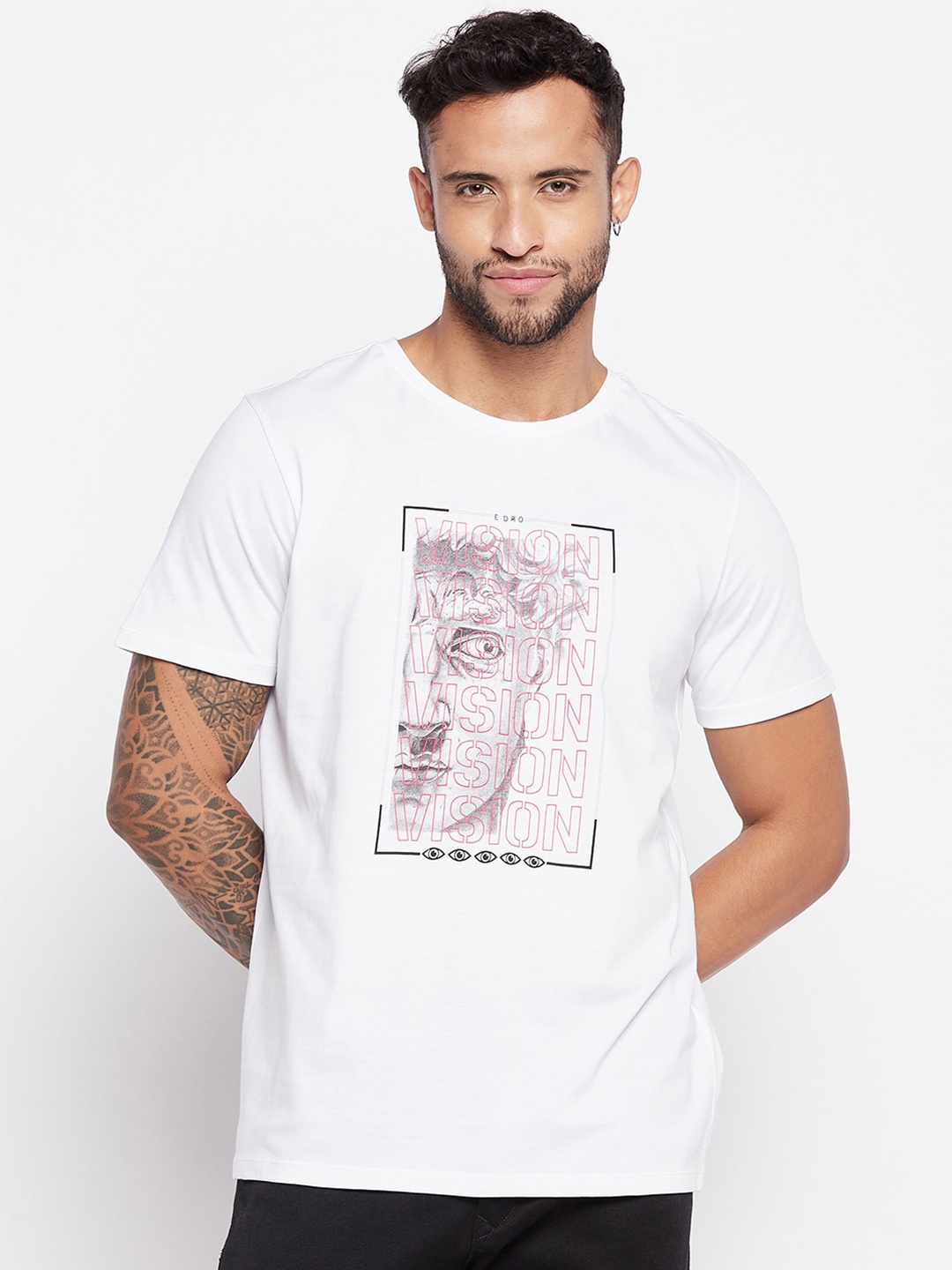 

EDRIO Typography Printed Everfresh Cotton T-shirt, White
