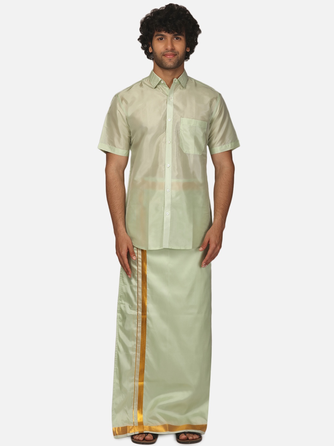 

Sethukrishna Solid Men Shirt & Veshti Set, Green