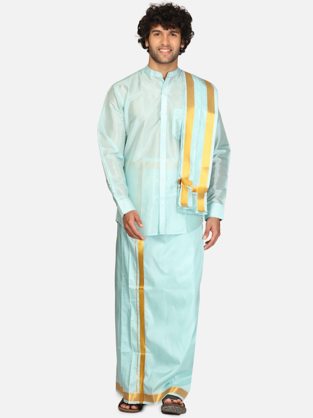 

Sethukrishna Men Mandarin Collar Shirt & Vesti With Angavastram, Blue