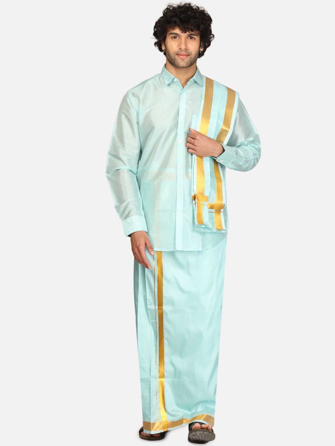 

Sethukrishna Men Ethnic Vesti & Shirt with Angavastram, Blue
