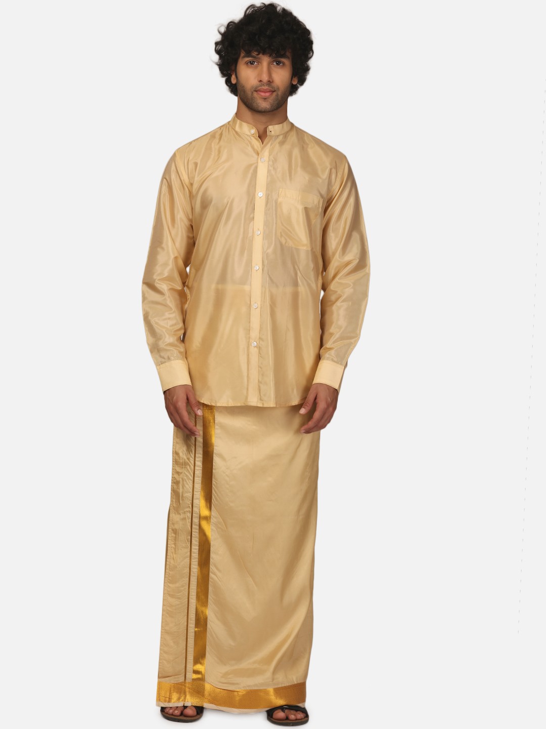 

Sethukrishna Men Mandarin Collar Long Sleeves Shirt and Dhoti Set, Beige
