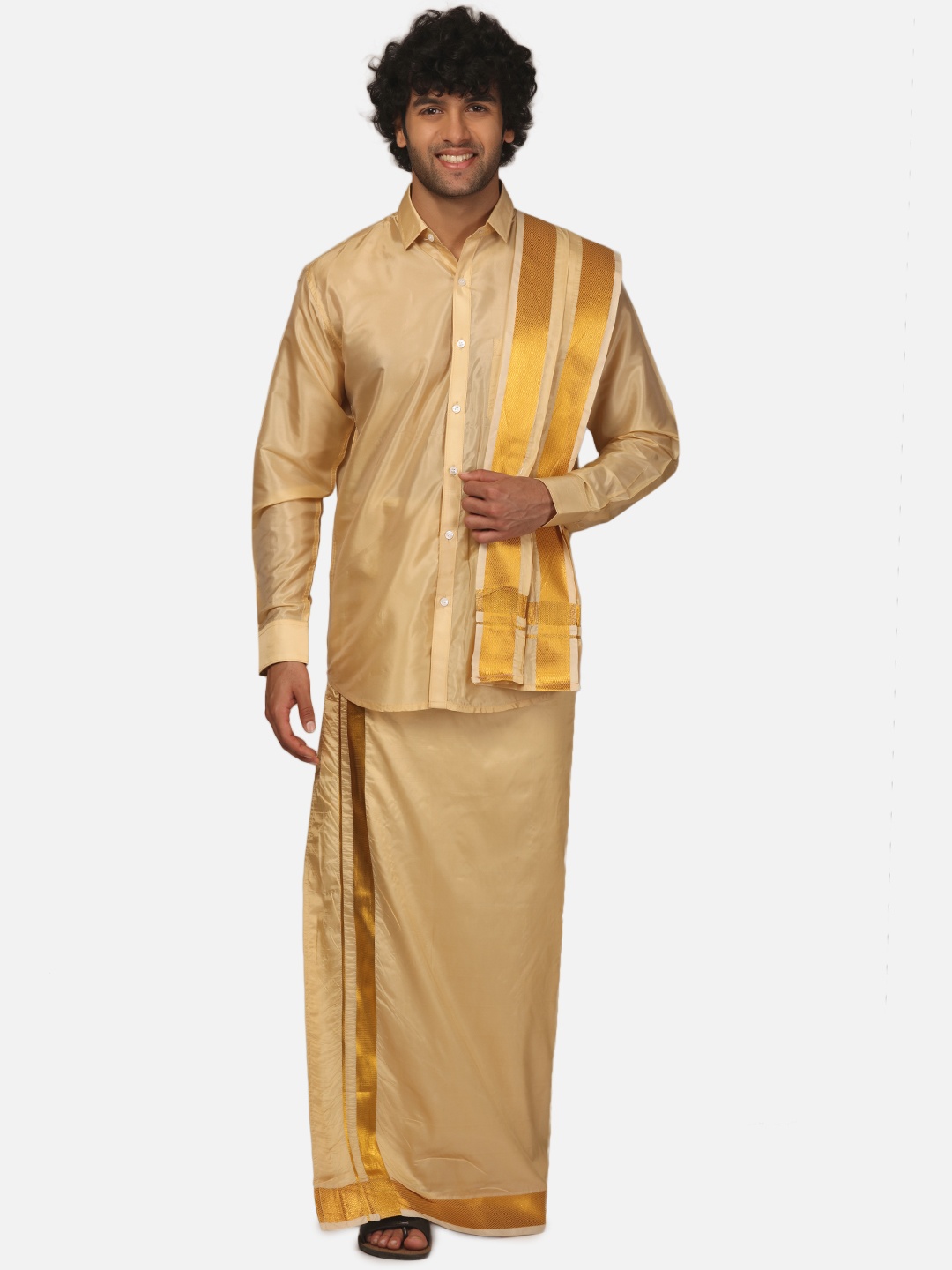 

Sethukrishna Men Shirt And Dhoti With Angavastram Set, Beige
