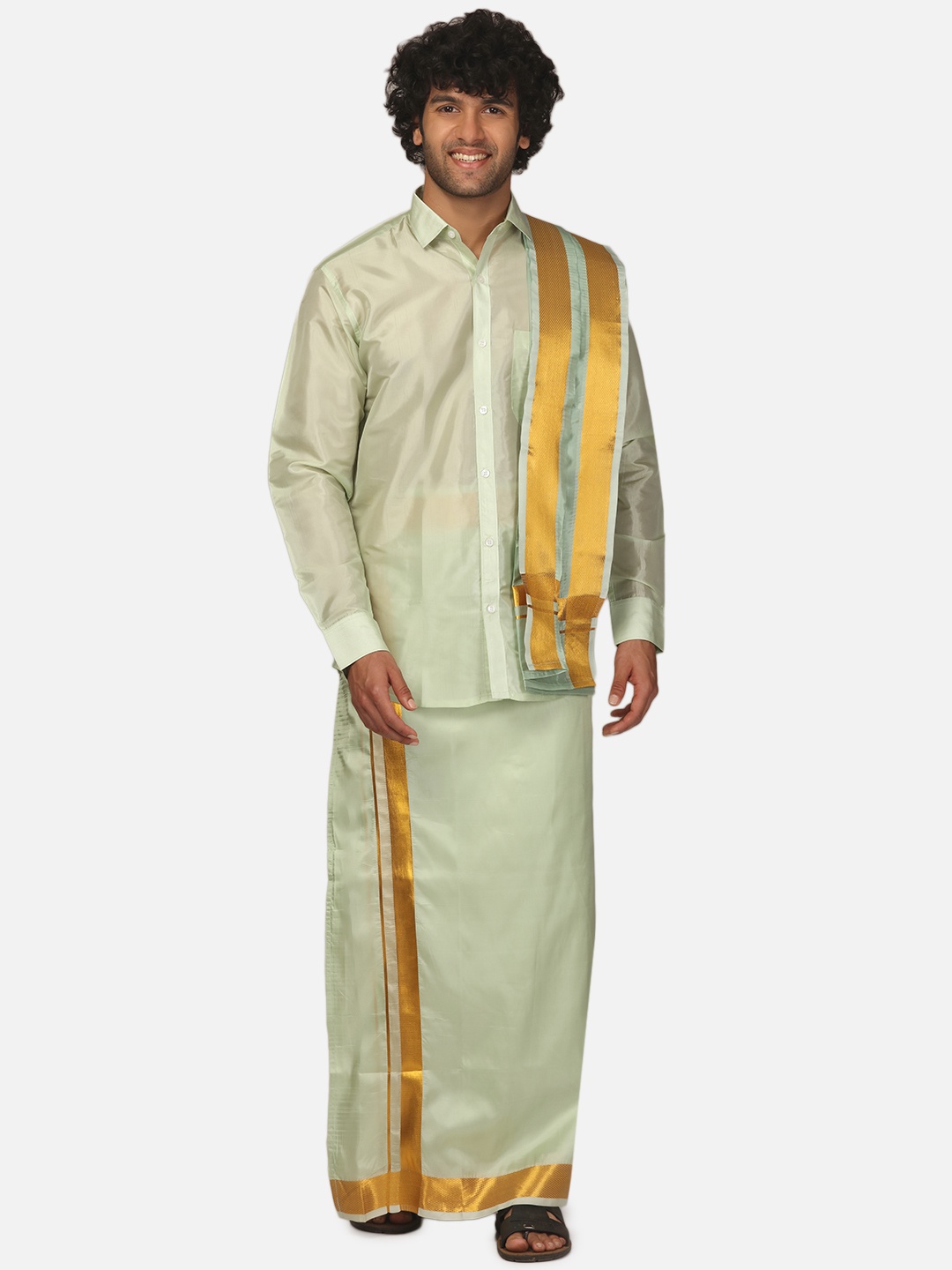 

Sethukrishna Men Shirt and Dhoti with Angavastram Set, Green