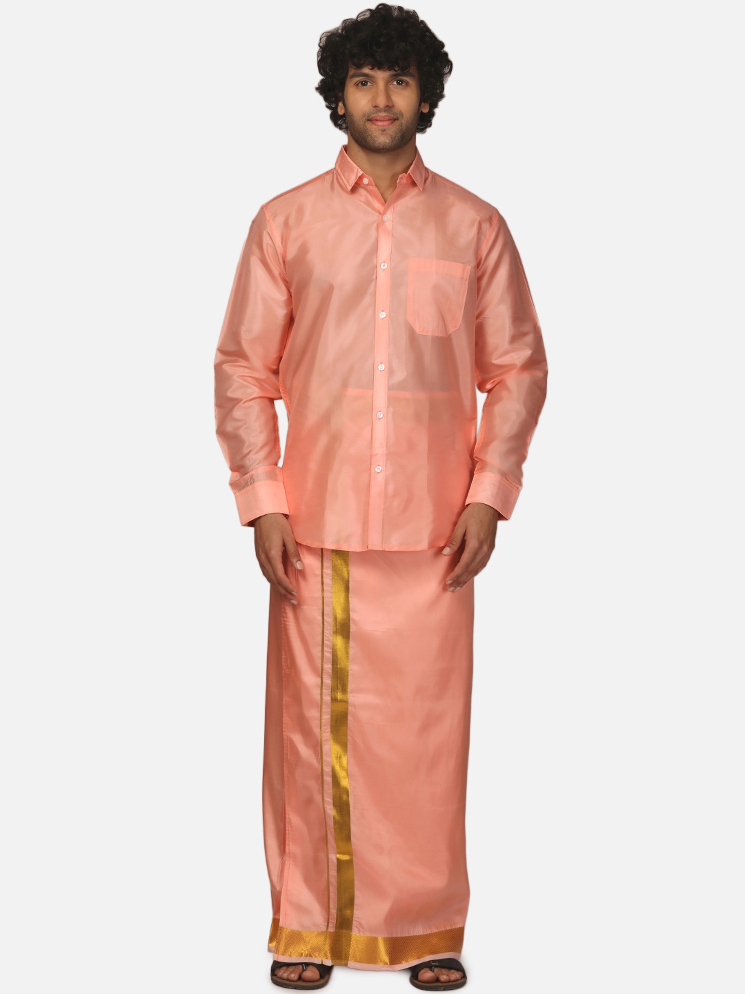 

Sethukrishna Men Solid Shirt and Dhoti Set, Peach