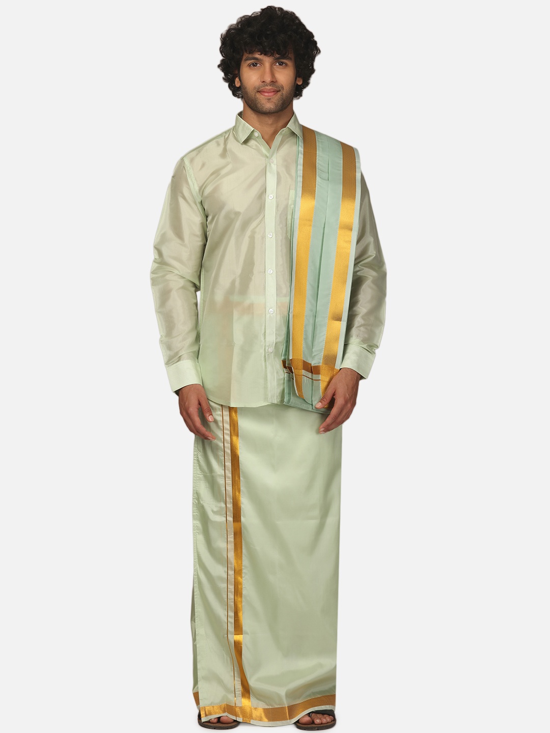 

Sethukrishna Men Shirt With Dhoti & Angavastram Set, Green