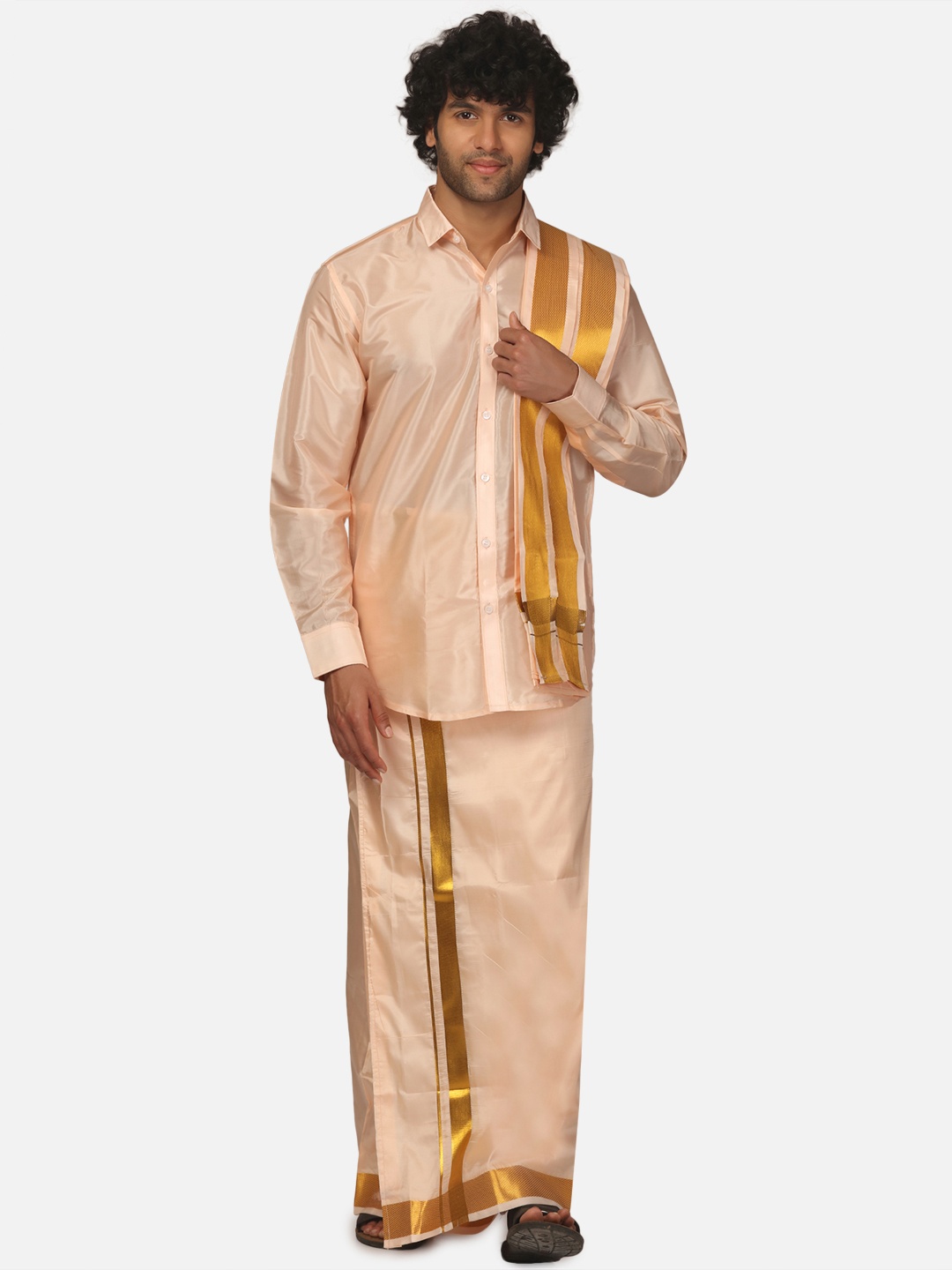 

Sethukrishna Men Vesti & Shirt With Angavastram Set, Orange