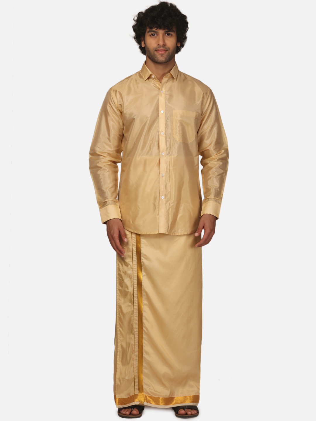 

Sethukrishna Men Spread Collar Long Sleeves Shirt and Dhoti Set, Cream