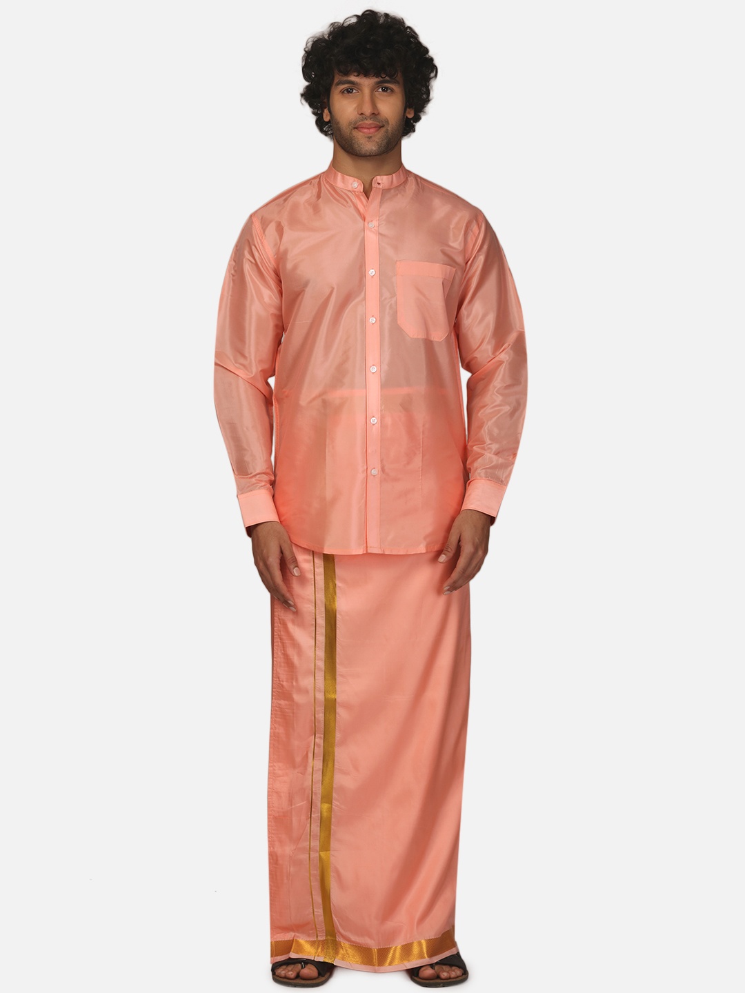 

Sethukrishna Men Mandarin Collar Long Sleeves Shirt and Dhoti Set, Peach